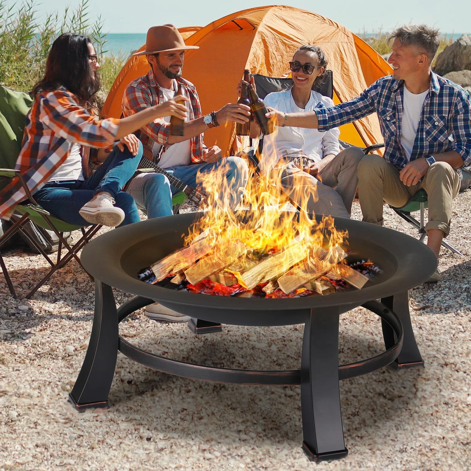TLGREEN Brasero Exterieur Ø 76 cm avec Grille Barbecue Rétro Jardin Terrasse Foyer Extérieur Noir Grand