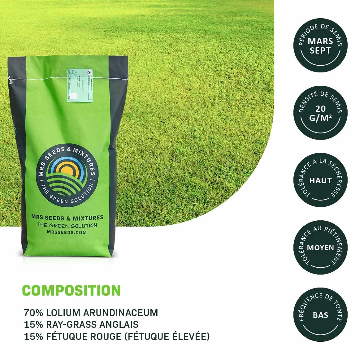 MRS Dry & Strong Semences de gazon terrains secs 2 kg 100 m² Résiste chaleur sécheresse