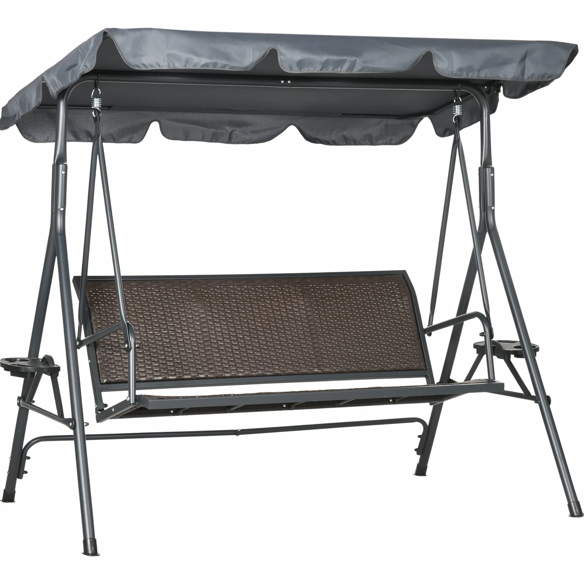 Outsunny Balancelle de Jardin 3 Places Toit Inclinaison réglable Porte-gobelets Plateaux Résine Tressée PE Acier Polyester Gris Foncé Marron