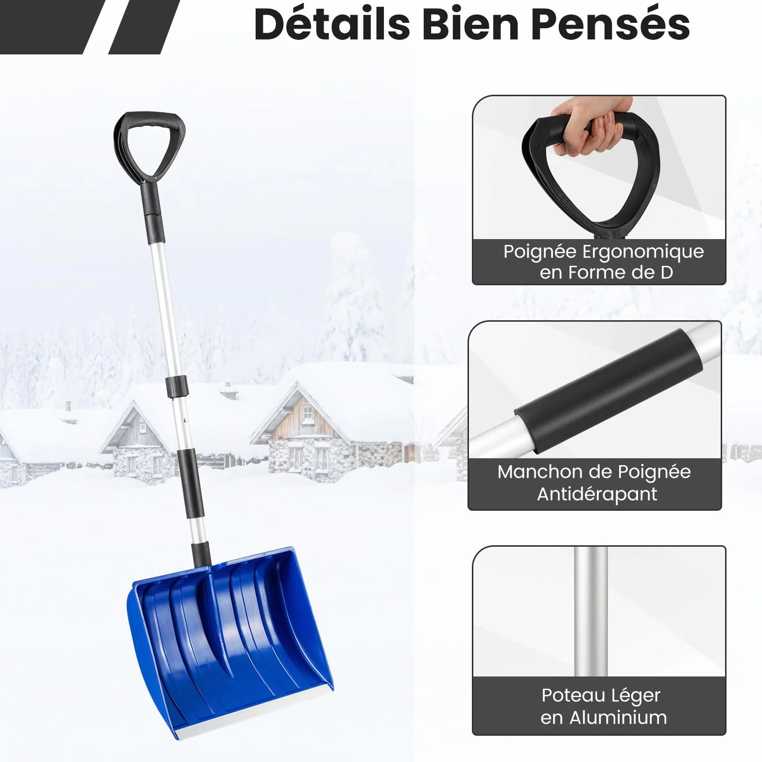 COSTWAY Pelle à Neige Portable, Outil de Déneigement Léger avec Lame Large et Bande en Aluminium, Grattoir à Glace pour Voiture (Bleu)