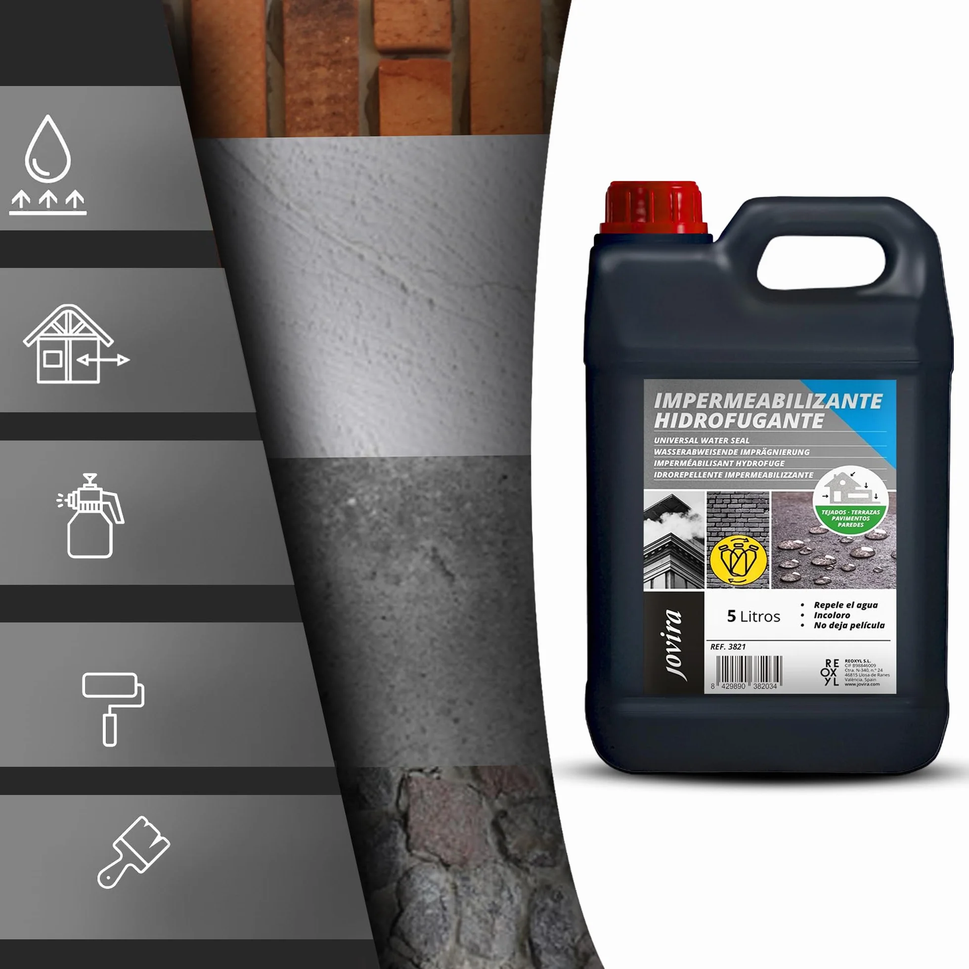 JOVIRA PINTURAS Imperméabilisant Hydrofuge à l'eau. Protection hydrofuge totale pour les façades, les toits, les terrasses, les trottoirs, les murs, etc. (5 Litres, Hydrofugant, Incolore)