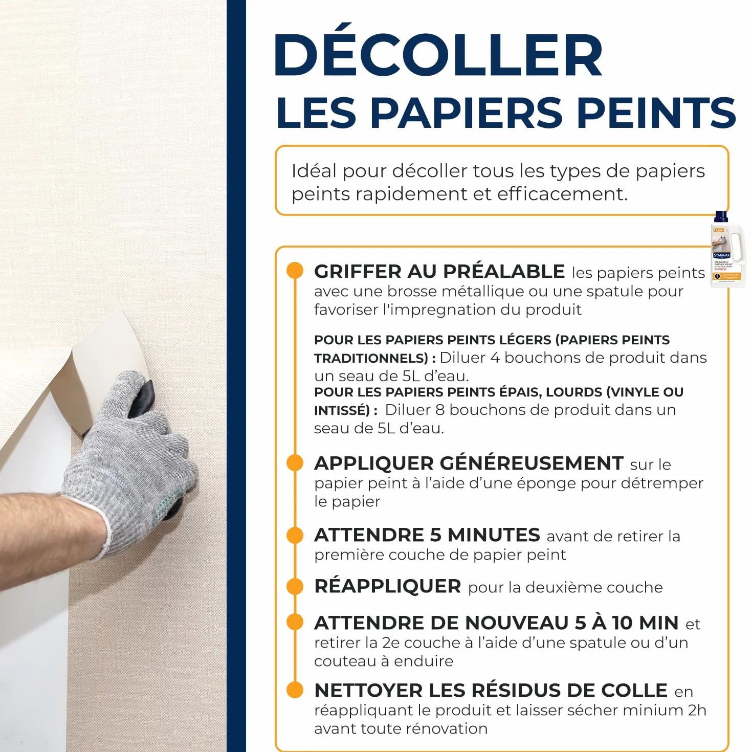 STARWAX Décolleur Express papier peint 1L, décolle tous types de papier peint et supprime les résidus de colle, efficace dès 5 minutes, fonctionne sur papier peint sec ou ancien