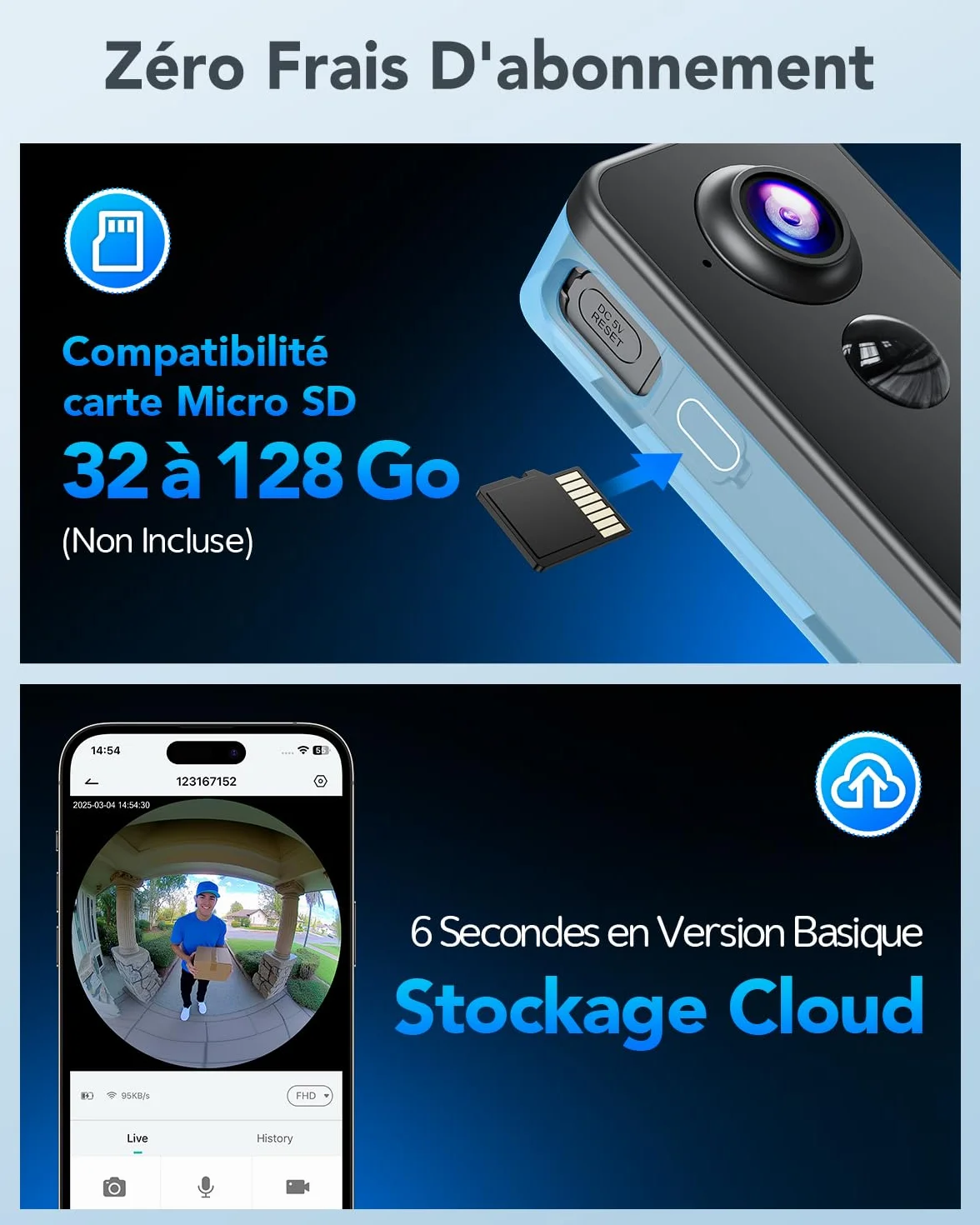XTU 2K HD Sonnette sans Fil Exterieur Etanche, Sonnette sans Fil avec Camera Vue Complète 180°, Détection Humaine PIR, Audio Bidirectionnel, Uniquement 2,4G WiFi, Stockage Carte SD