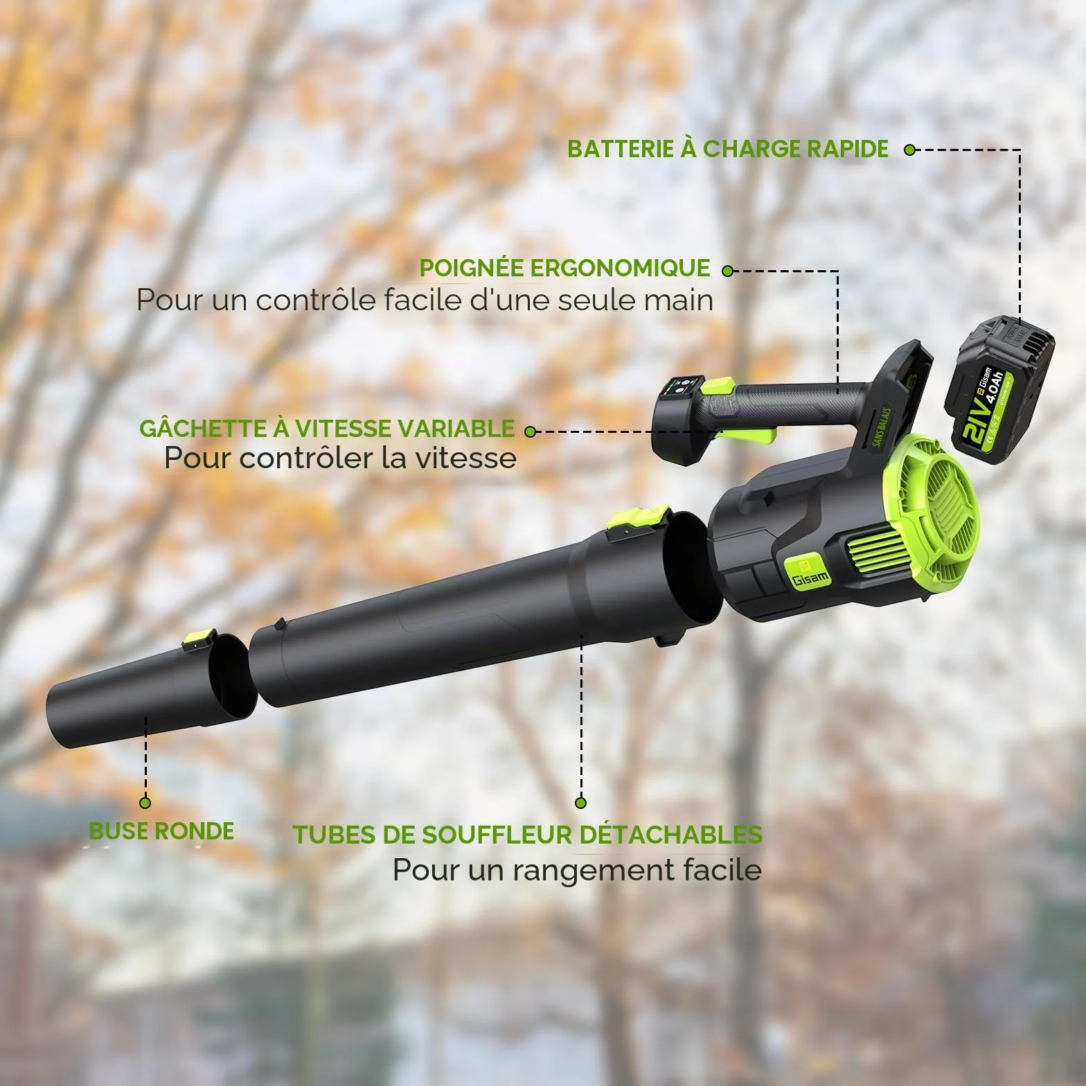 Souffleur Batterie sans Balais Gisam 2x3.0Ah 2 Vitesses Turbo Mode Max 25000RPM 750m³/h