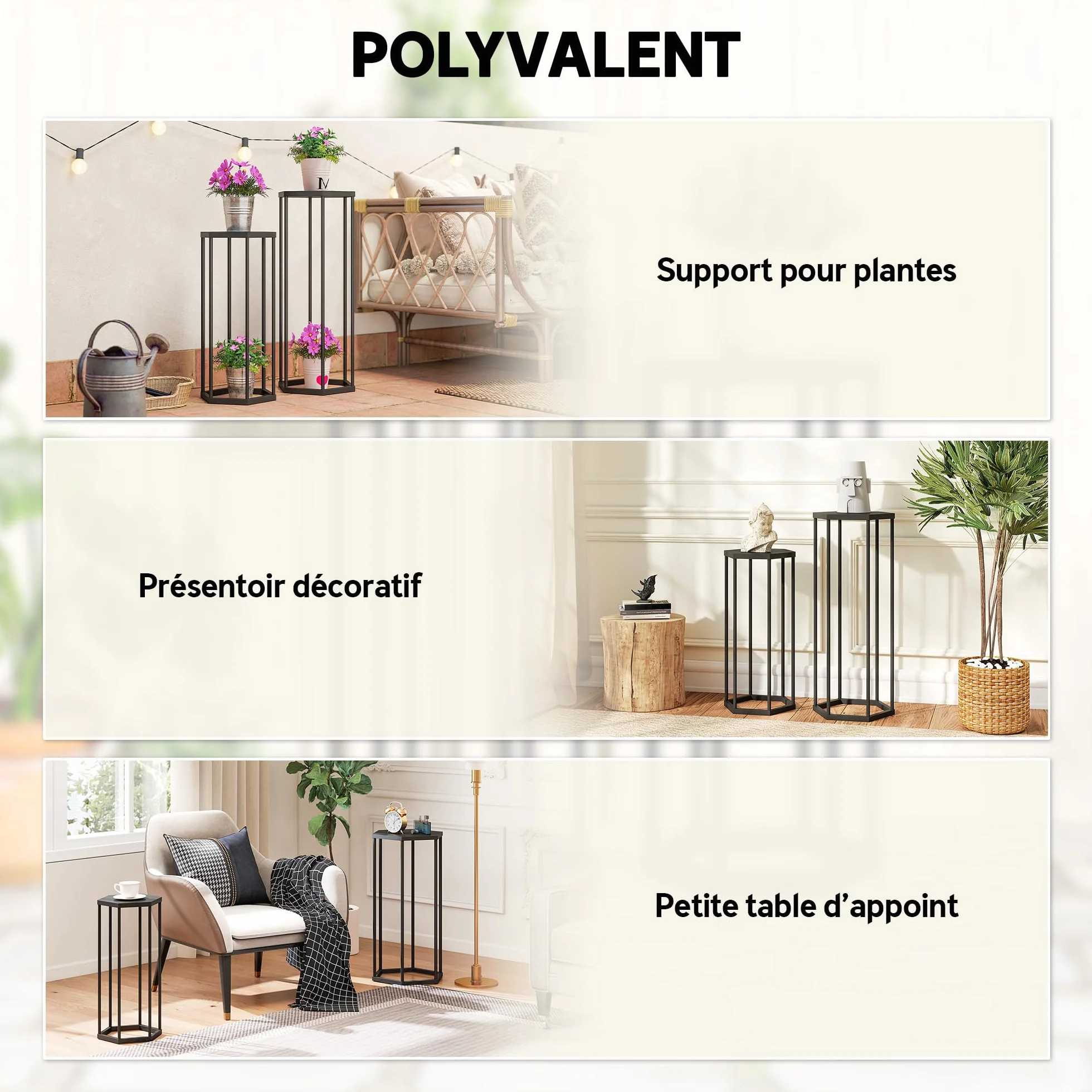 Outsunny Lot de 2 supports pour plantes hexagonal en métal noir, porte-plante haut intérieur extérieur
