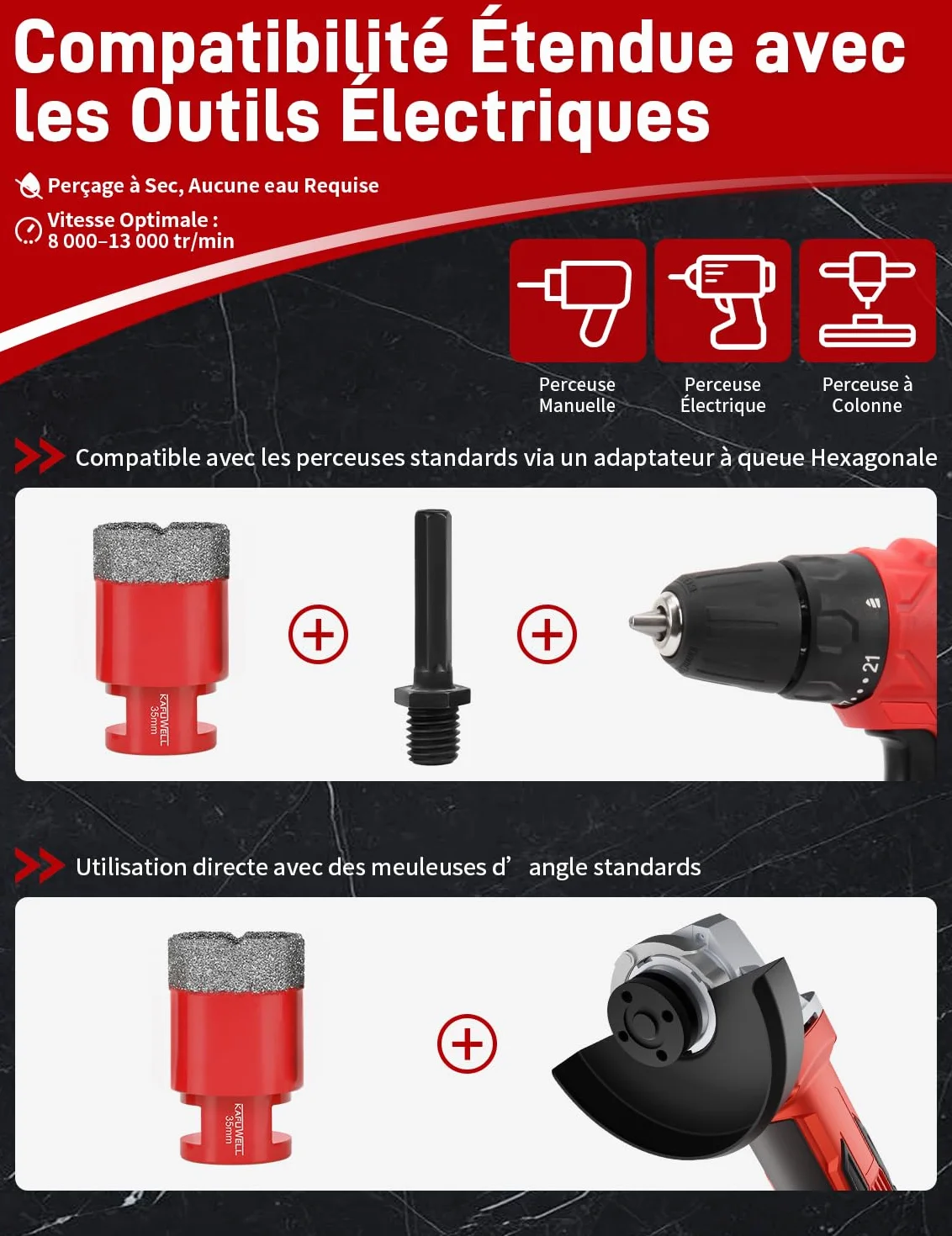 8 Pcs M14 Foret Carrelage Diamant, Scie Cloche Carrelage, TrépanCarrelage, Ø 6/8/10/12/35/50/68mm avec Adaptateur, Brasé Sous Vide, pour Porcelaine Carrelage Granit Marbre, Meuleuse d’Angle