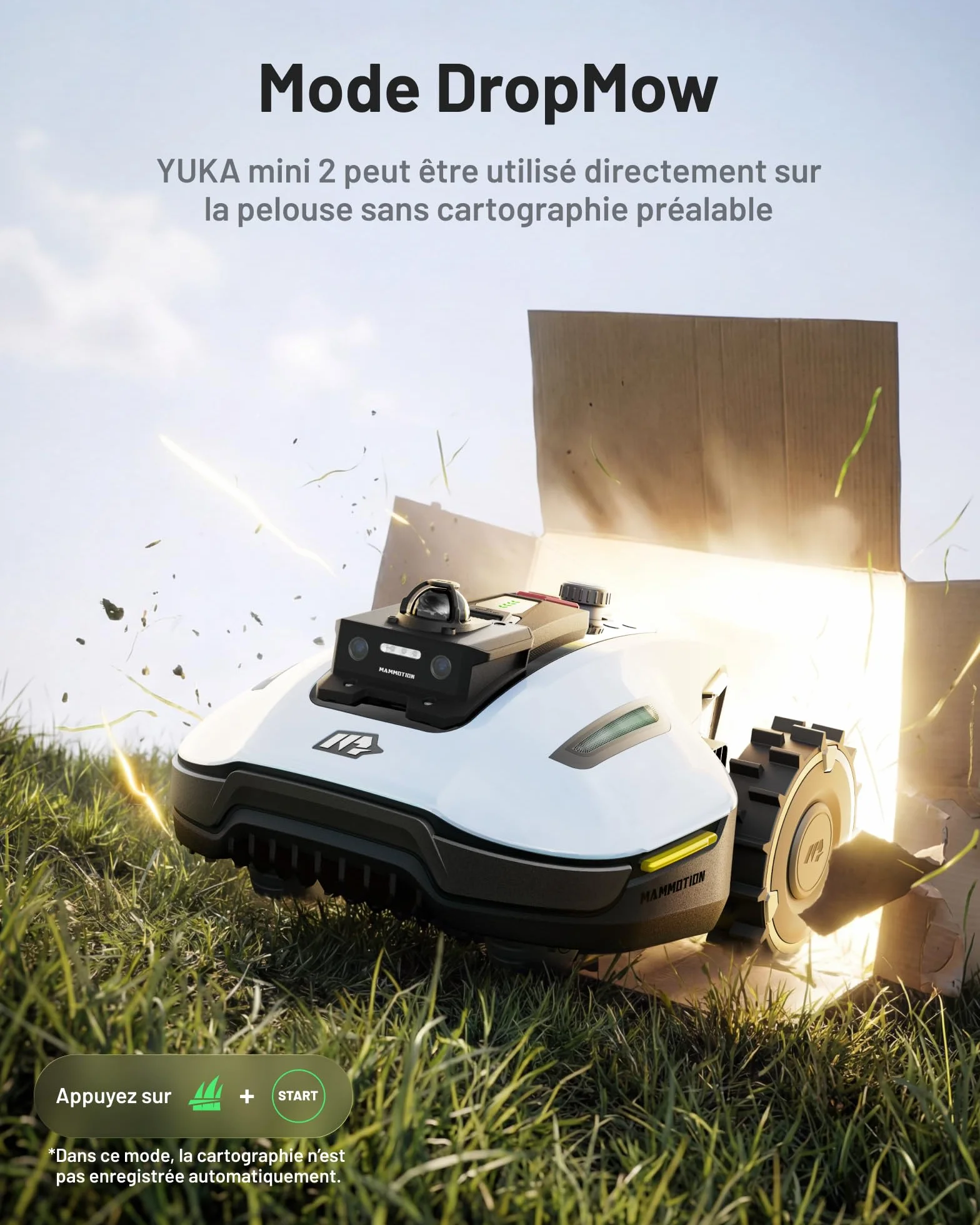 MAMMOTION YUKA Mini 2 800 LiDAR Robot Tondeuse sans Fil 800 m², Navigation 360° LiDAR + caméra, Pilotage IA, Détection 300 Obstacles, DropMow, Pentes 45%