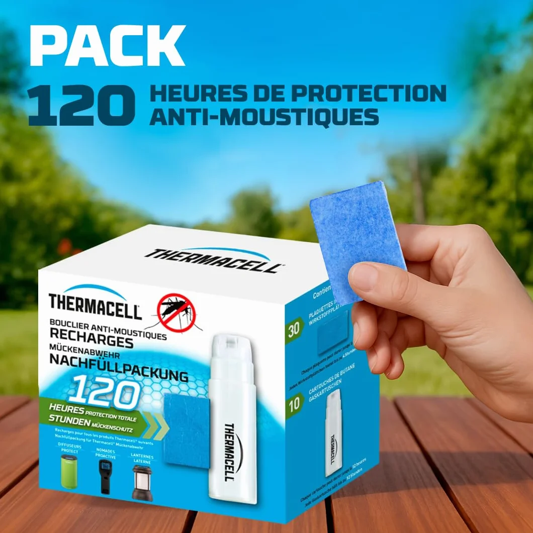 THERMACELL Recharge Anti Moustiques 20m² - 120h, 10 Cartouches Gaz + 30 Plaquettes