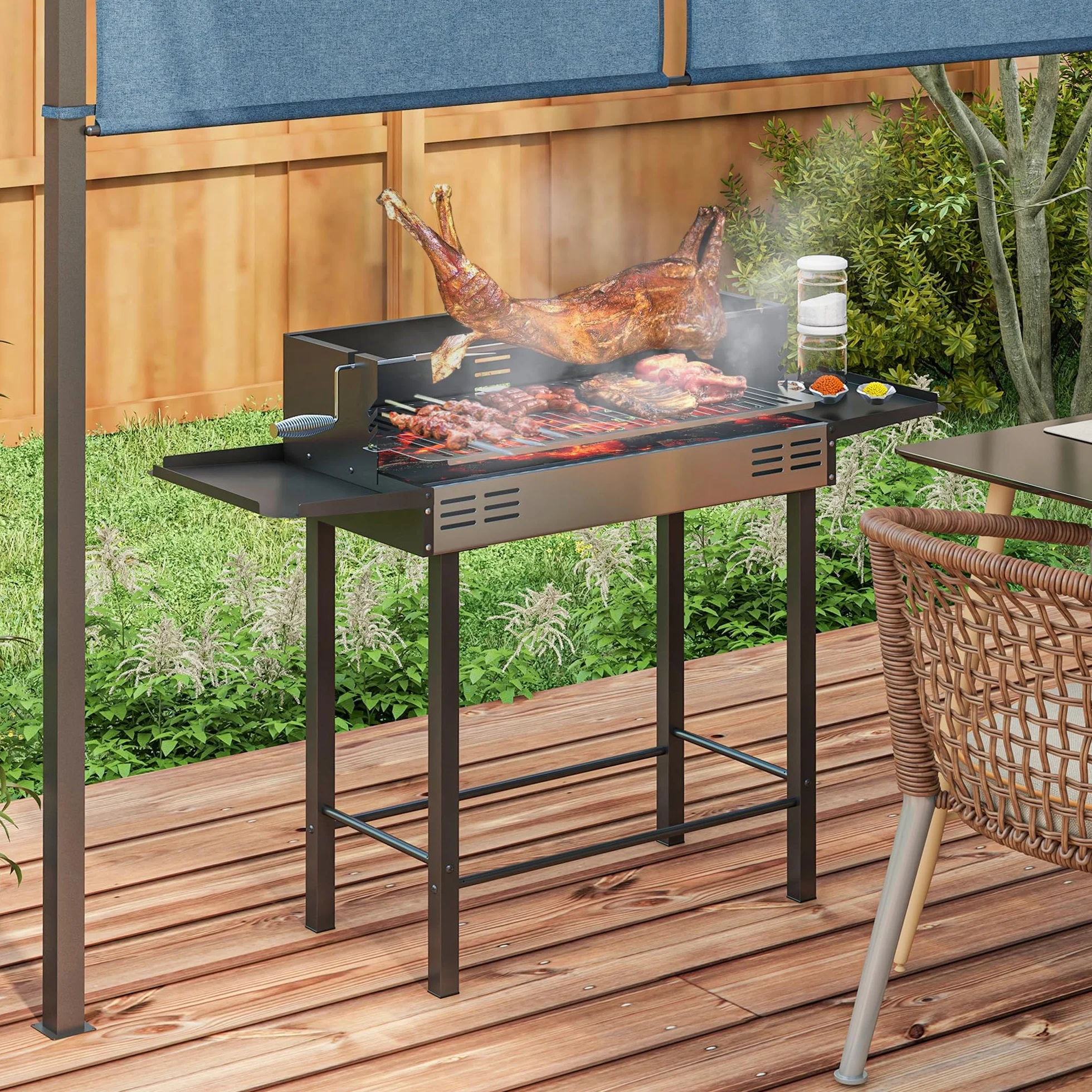 Outsunny Barbecue Charbon de Bois BBQ Grille 3 Niveaux Étagères Latérales Pliables Acier Inoxydable Pare-Vent Amovible 118x32x90 cm Noir