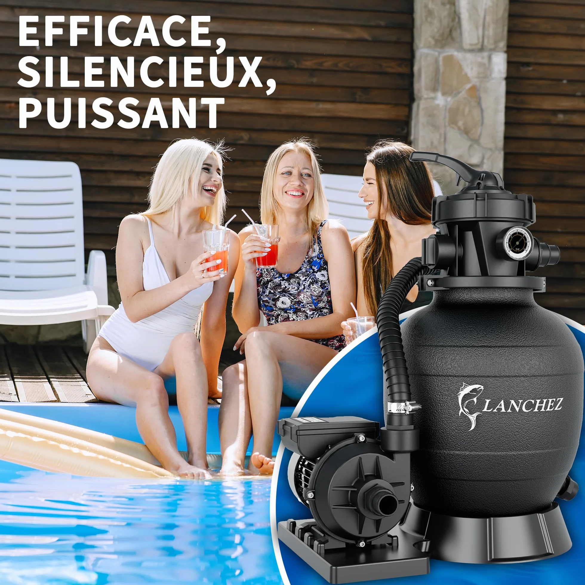 LANCHEZ Filtre Piscine à Sable 9 m³/h Pompe 250 W Vanne 7 Voies Manomètre Adaptateurs Ø32/38 mm Billes Filtrantes