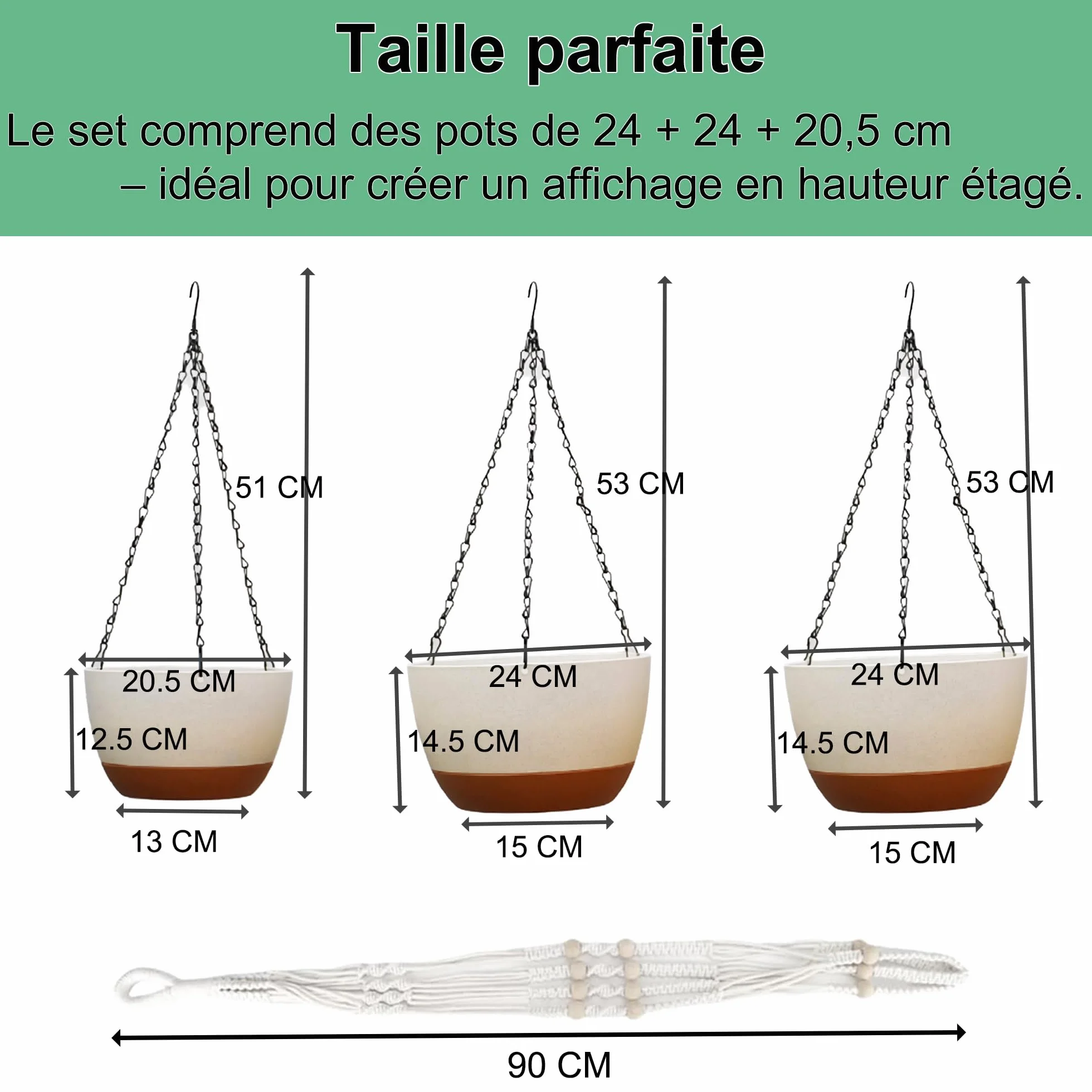 FUSHITON Lot de 3 Suspensions pour Plantes Intérieur & Extérieur, Pots Auto-arrosants 24+24+20,5 cm Blanc