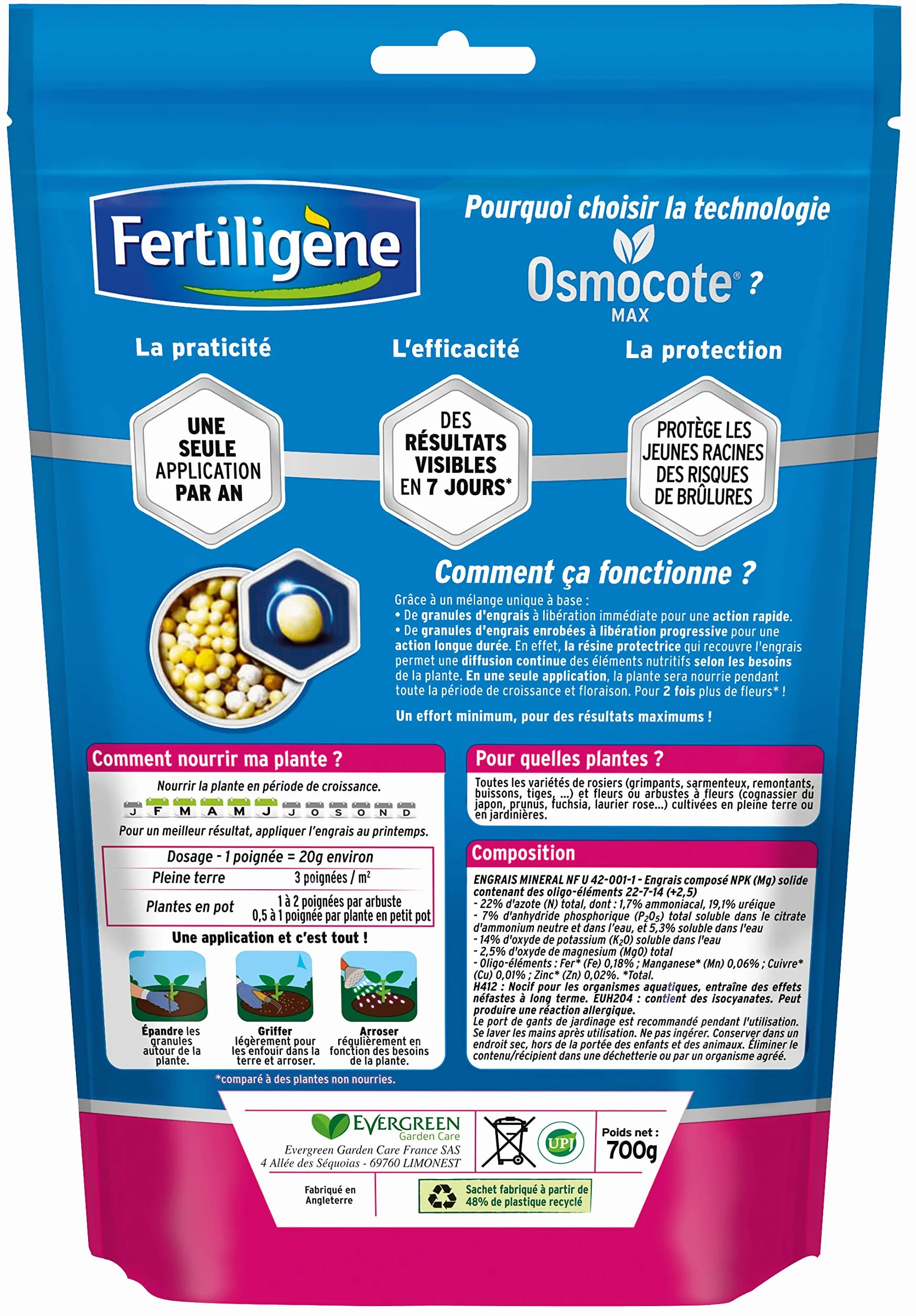 FERTILIGÈNE Engrais Rosiers et Fleurs Osmocote Max 750g Action 1 An