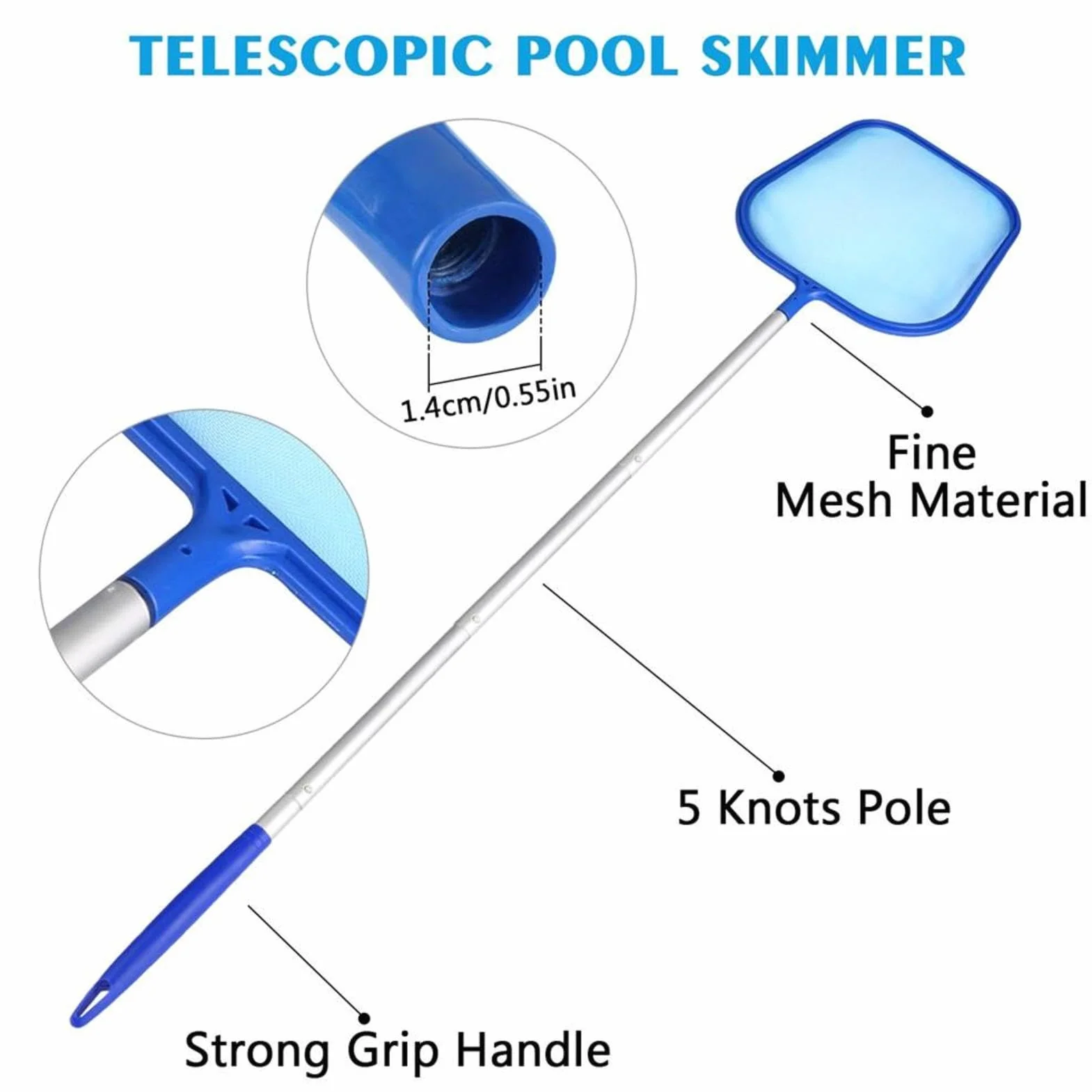 Épuisette Piscine Télescopique Aluminium Réglable 5 Connexions Filet Skimmers Récupération Feuilles Bassin Spa