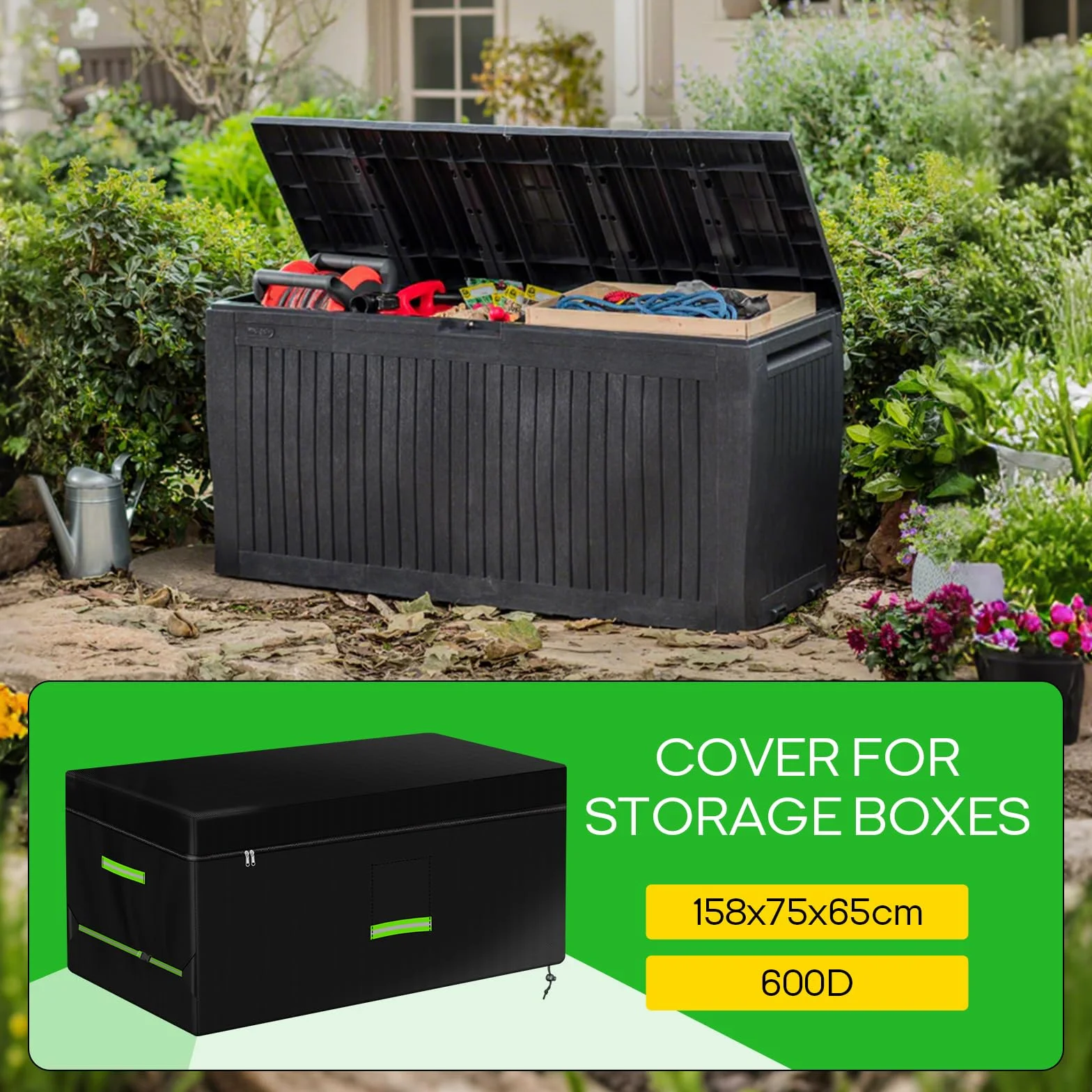 Housse de coffre de terrasse 158 x 75 x 65 cm 600D Oxford PU imperméable double fermeture éclair protection UV