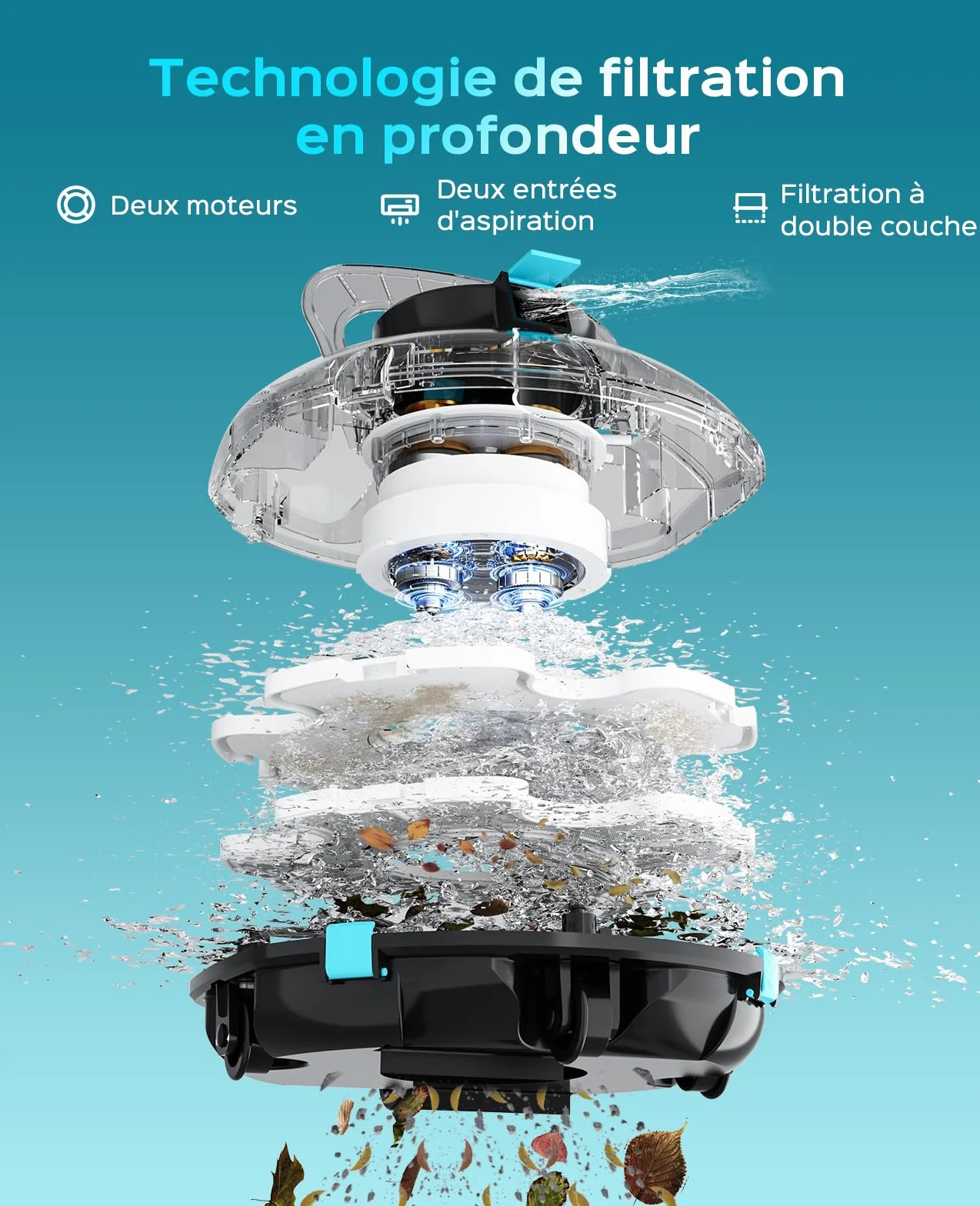 Winny 200P Robot Piscine sans Fil, Aspirateur Piscine Autonomie 80 Min, Double Filtration, Stationnement Automatique