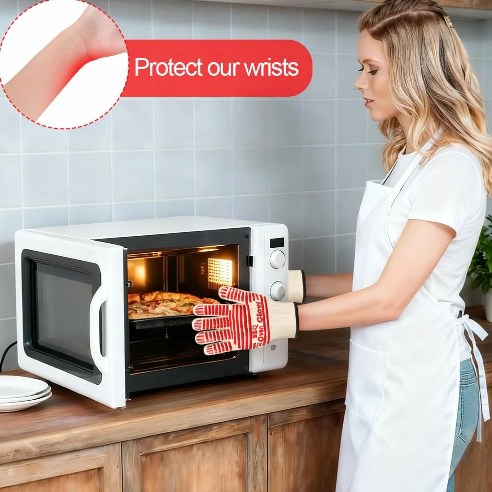 AUAUY Gants de Cuisine Silicone Anti Chaleur 500°C Antidérapants Barbecue 27cm Rouge