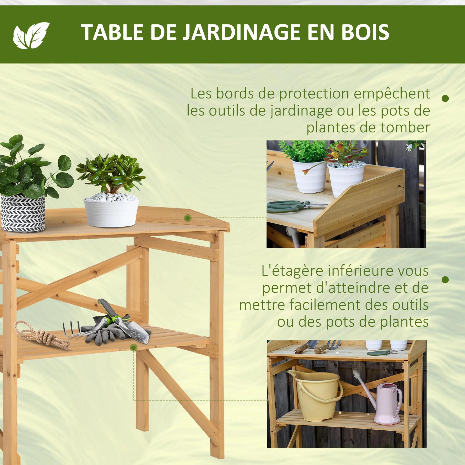 Outsunny Table de rempotage Plateau avec rebords Bois Sapin pré-huilé