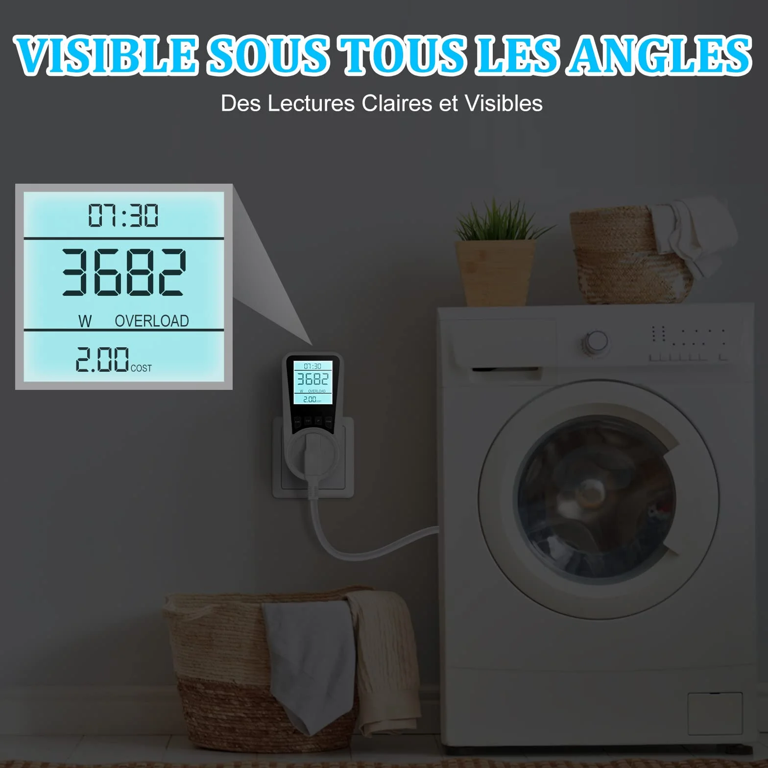 Wattmètre Prise Compteur d'Énergie, Consommation d'Énergie avec 7 Modes Surveillance, Écran LCD Rétroéclairé, Prise Consommation Electrique pour Économie d'Energie, Surcharges de Protection, 3680W MAX