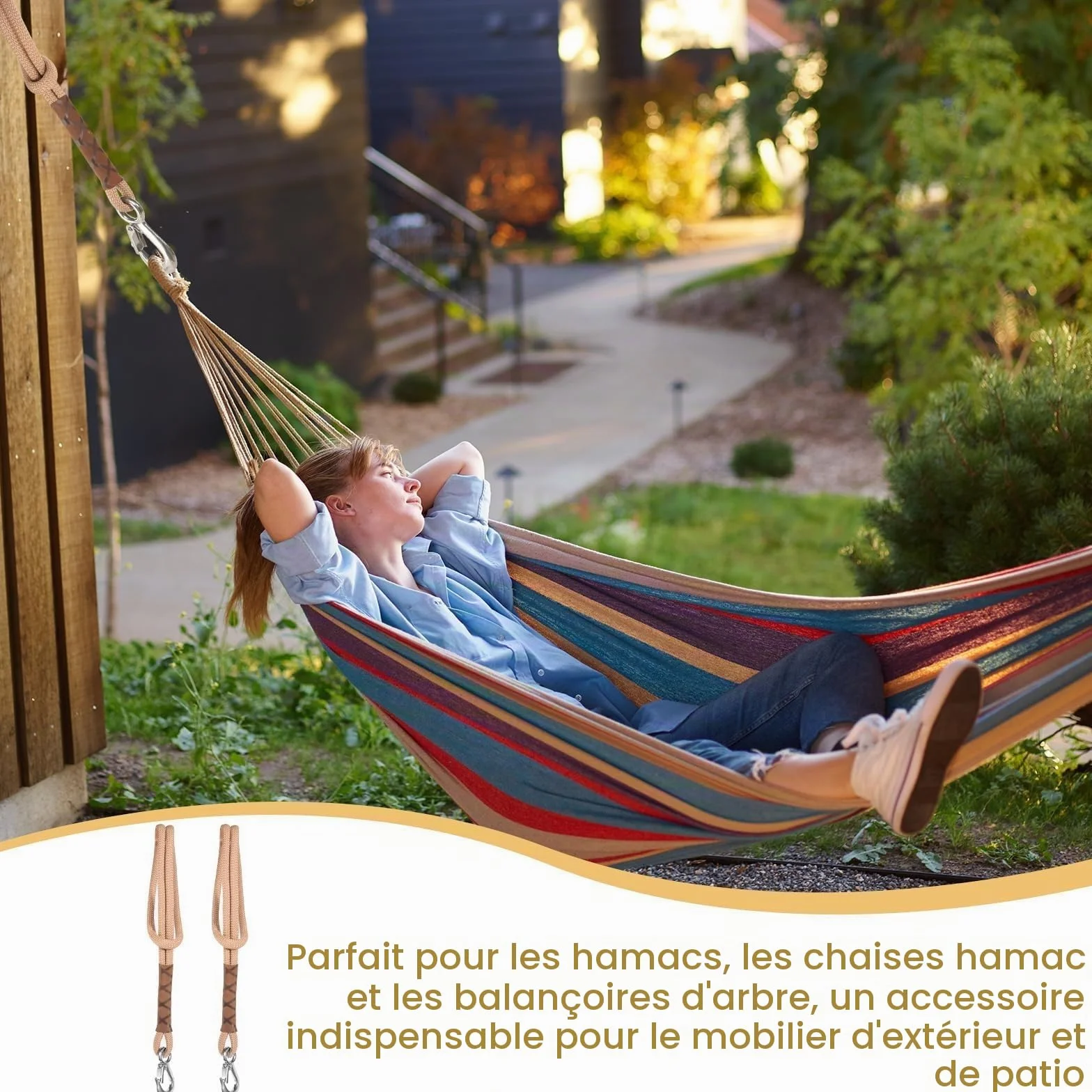 Balançoire Fixation Arbre 2 Pièces 60cm Corde Suspension Hamac Réglable Sangle Chaise avec Mousqueton Kit