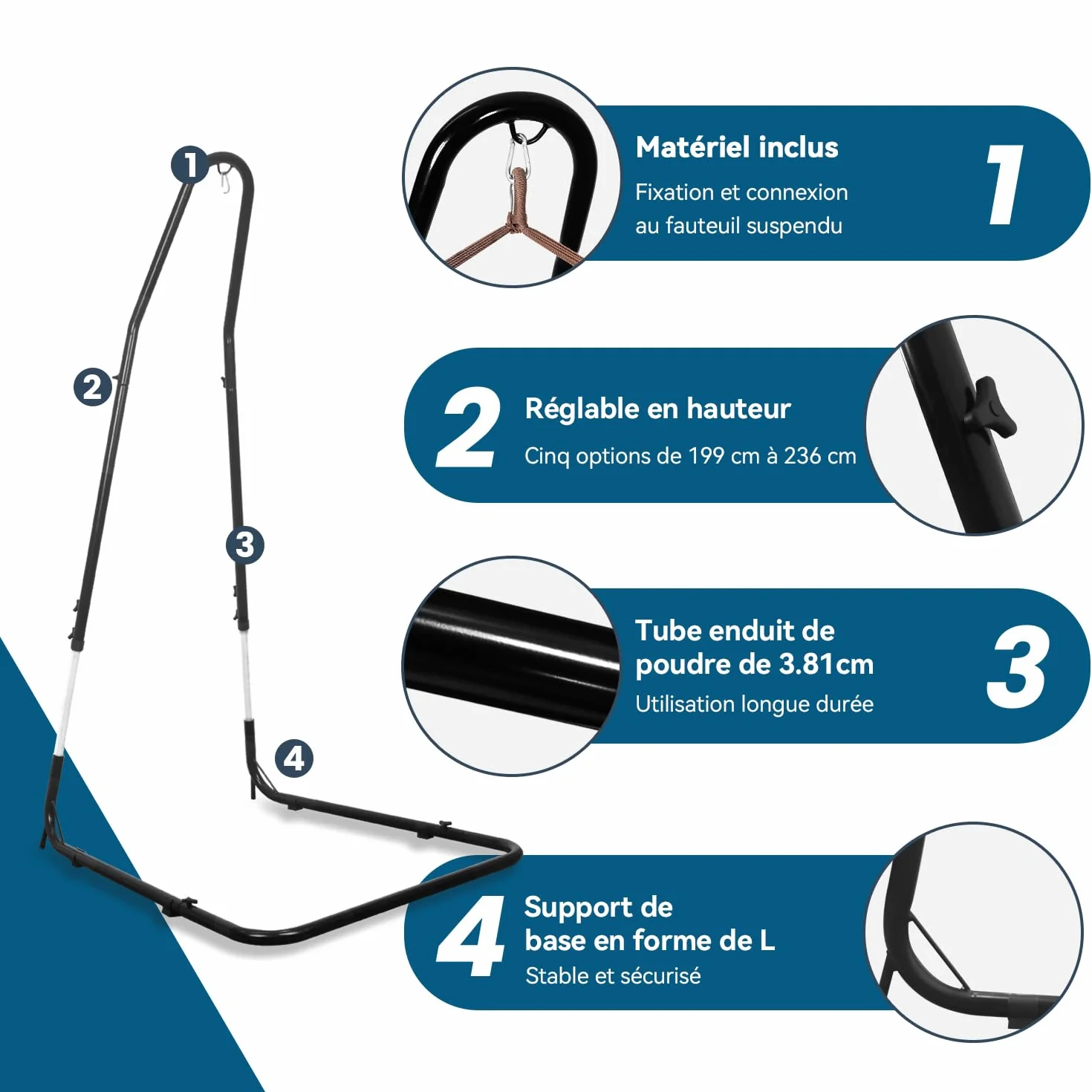 Support de chaise hamac robuste, hauteur réglable 200-230 cm, 150 kg, acier massif