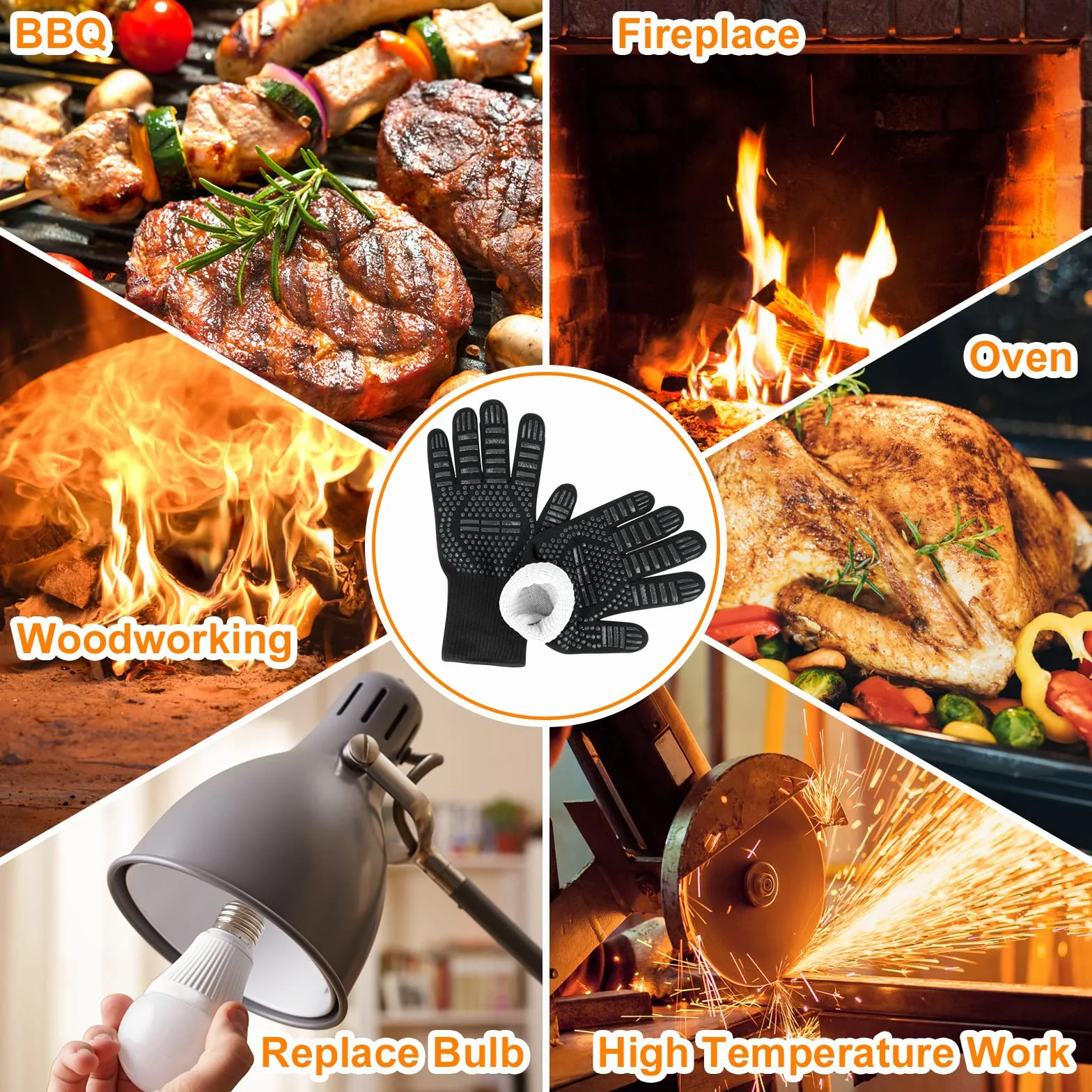Flintronic Gants de Barbecue Anti-Chaleur 800°C Résistant à la Chaleur Antidérapants pour BBQ Four Gril