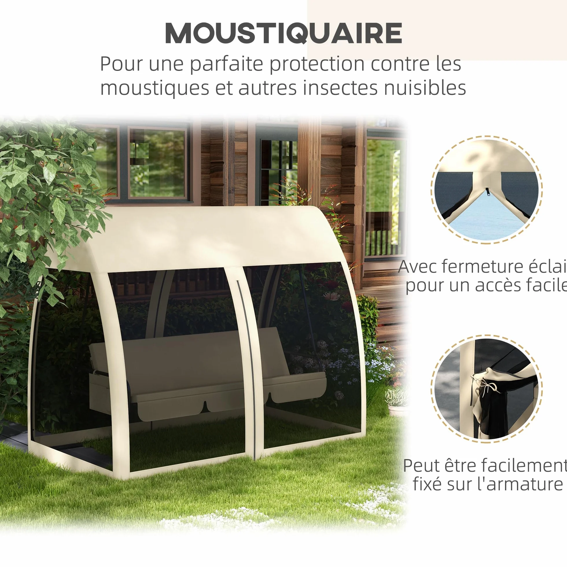 Outsunny Balancelle de Jardin Convertible 3 Places avec Auvent et Coussins, Beige