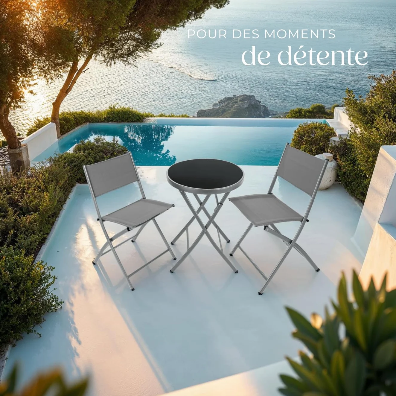 Tectake Ensemble Table Ronde et Chaises Pliantes Table de Bistrot Jardin 2 Personnes Acier Epoxy