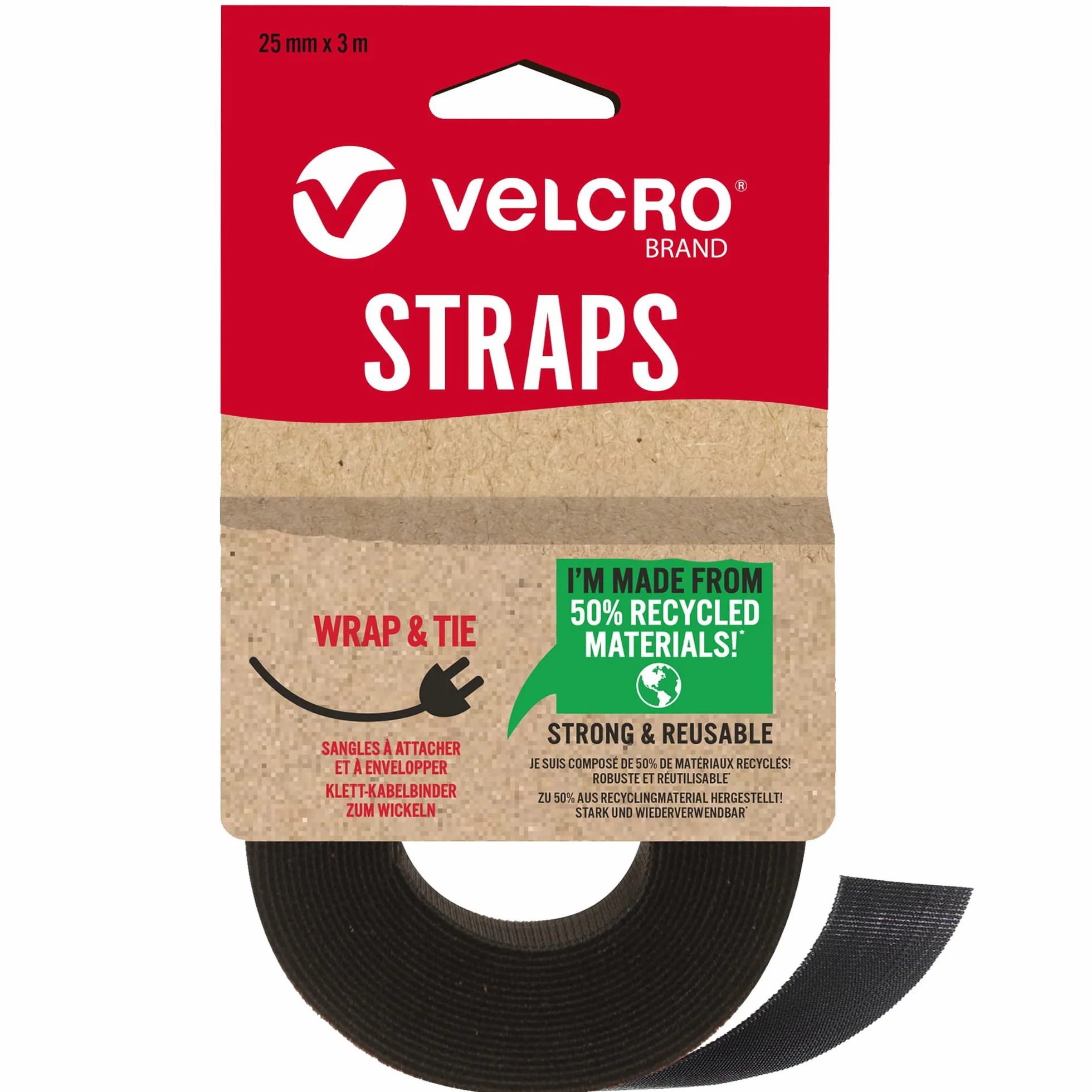 Velcro Marque | Sangles Réutilisables Eco One-Wrap | Sangles Polyvalentes, Réutilisables et Flexibles pour L’amélioration de la Maison | Noir | 25 mm x 3 m