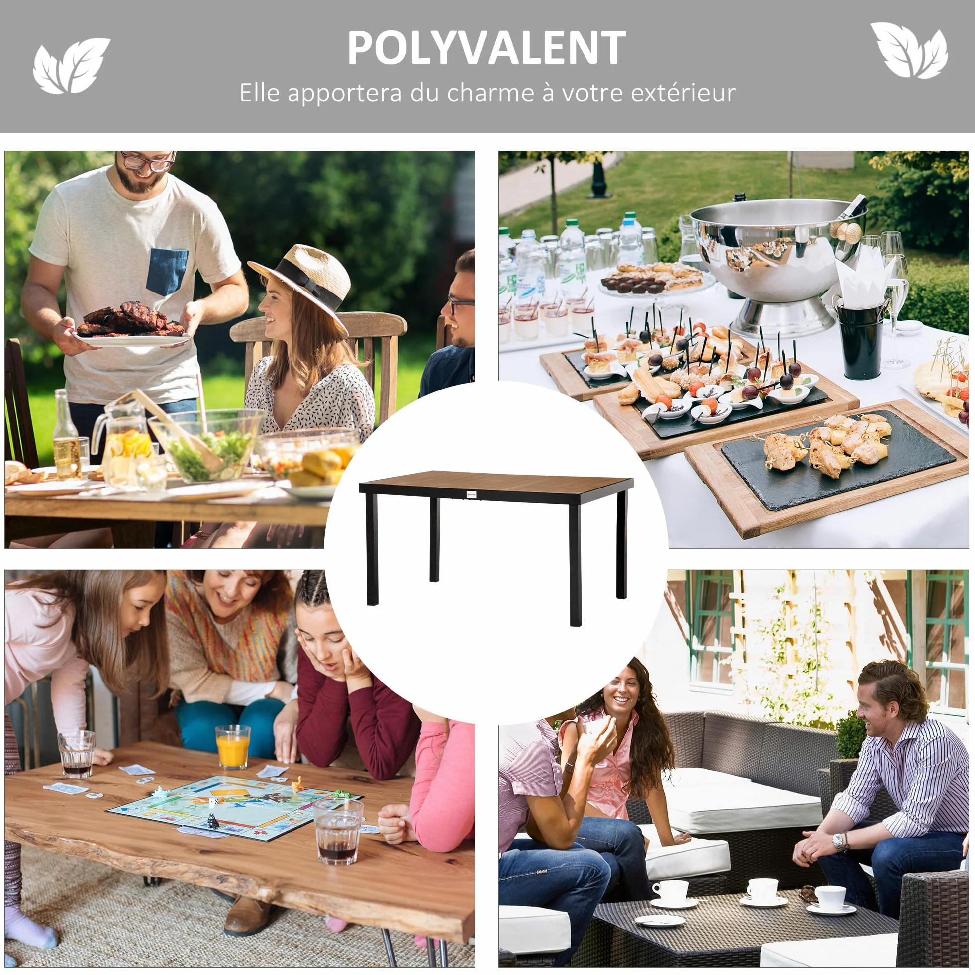 Outsunny Table à Manger de Jardin en Aluminium 140 x 90 x 74 cm Bois Naturel