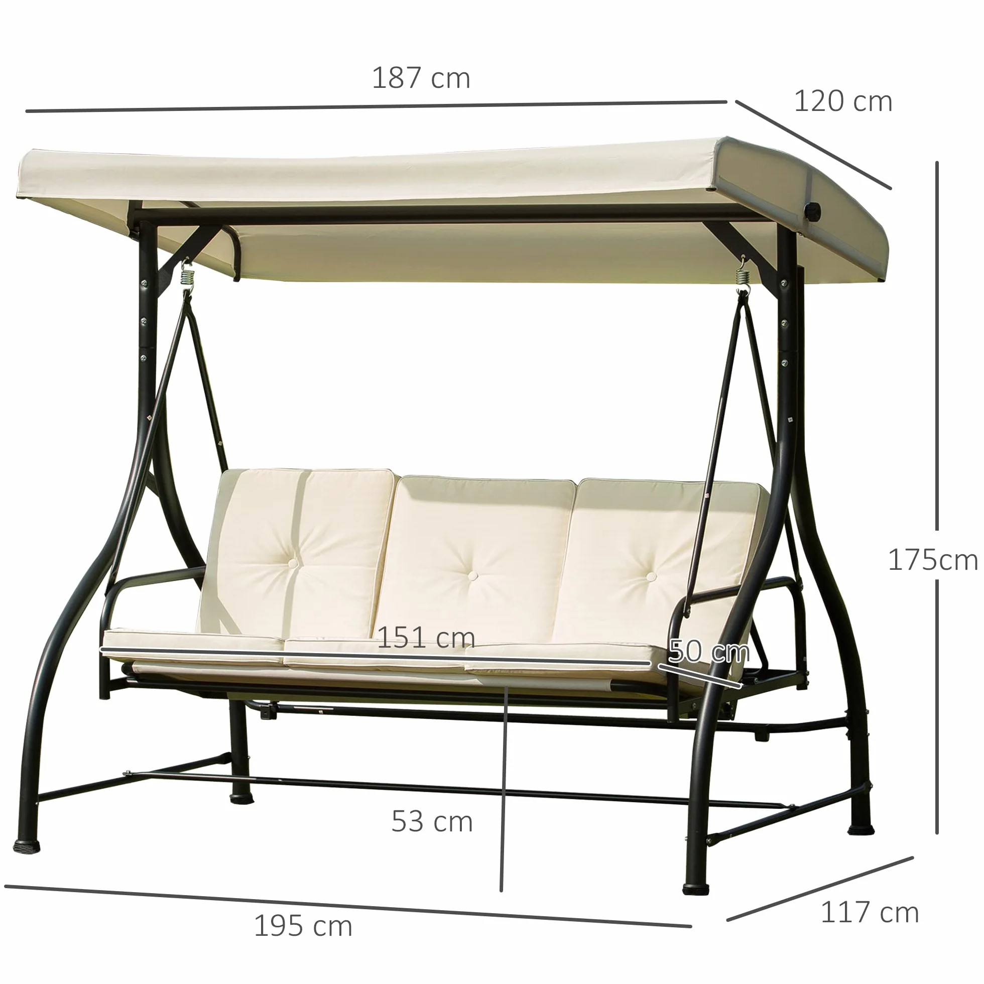 Outsunny Balancelle de Jardin 3 Places Convertible Toit réglable Matelas 8 cm 1,95L x 1,17l x 1,75H m métal époxy Noir crème