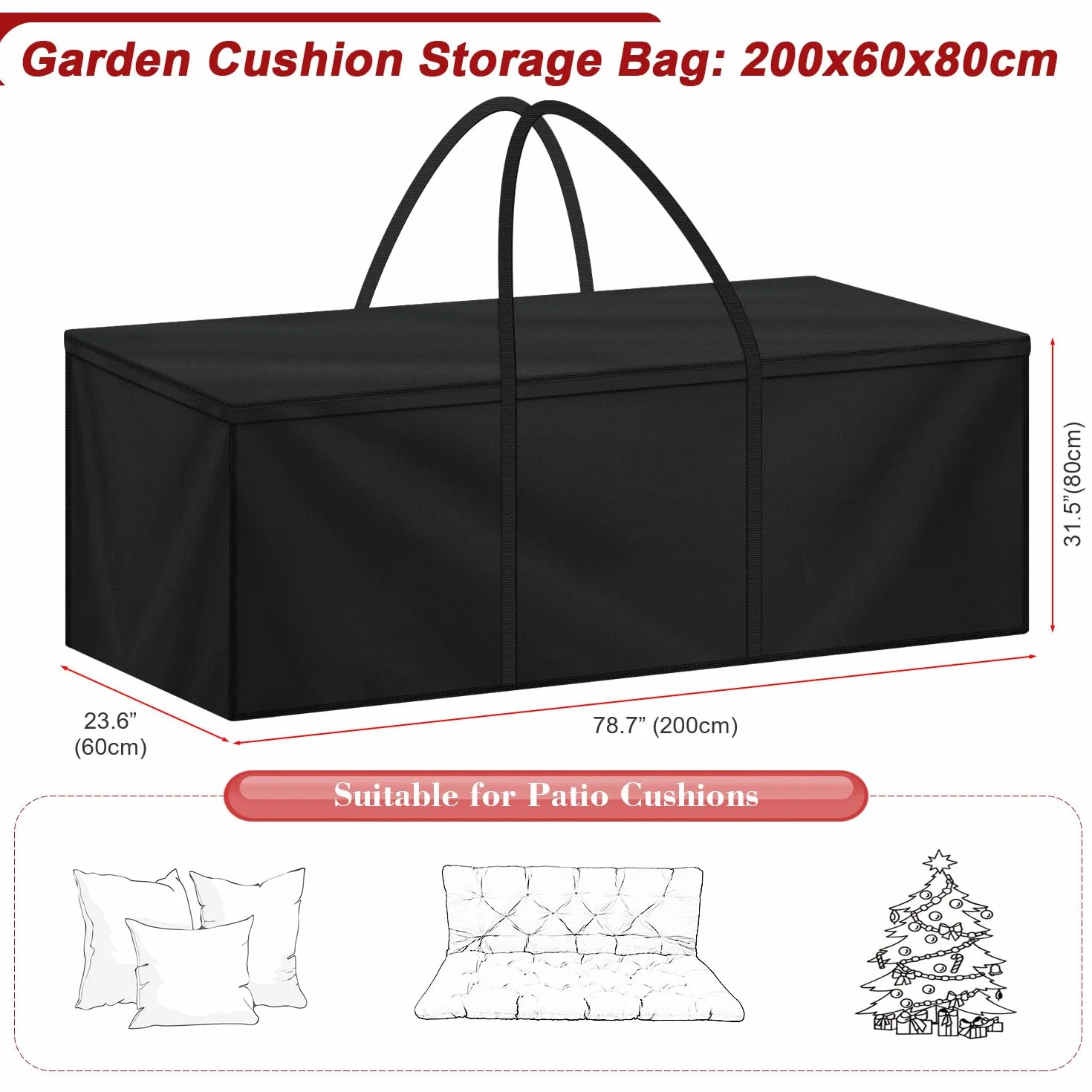 LAMUNI Housse de Rangement Coussin Jardin 200x60x80cm 420D Oxford Imperméable Grand Sac