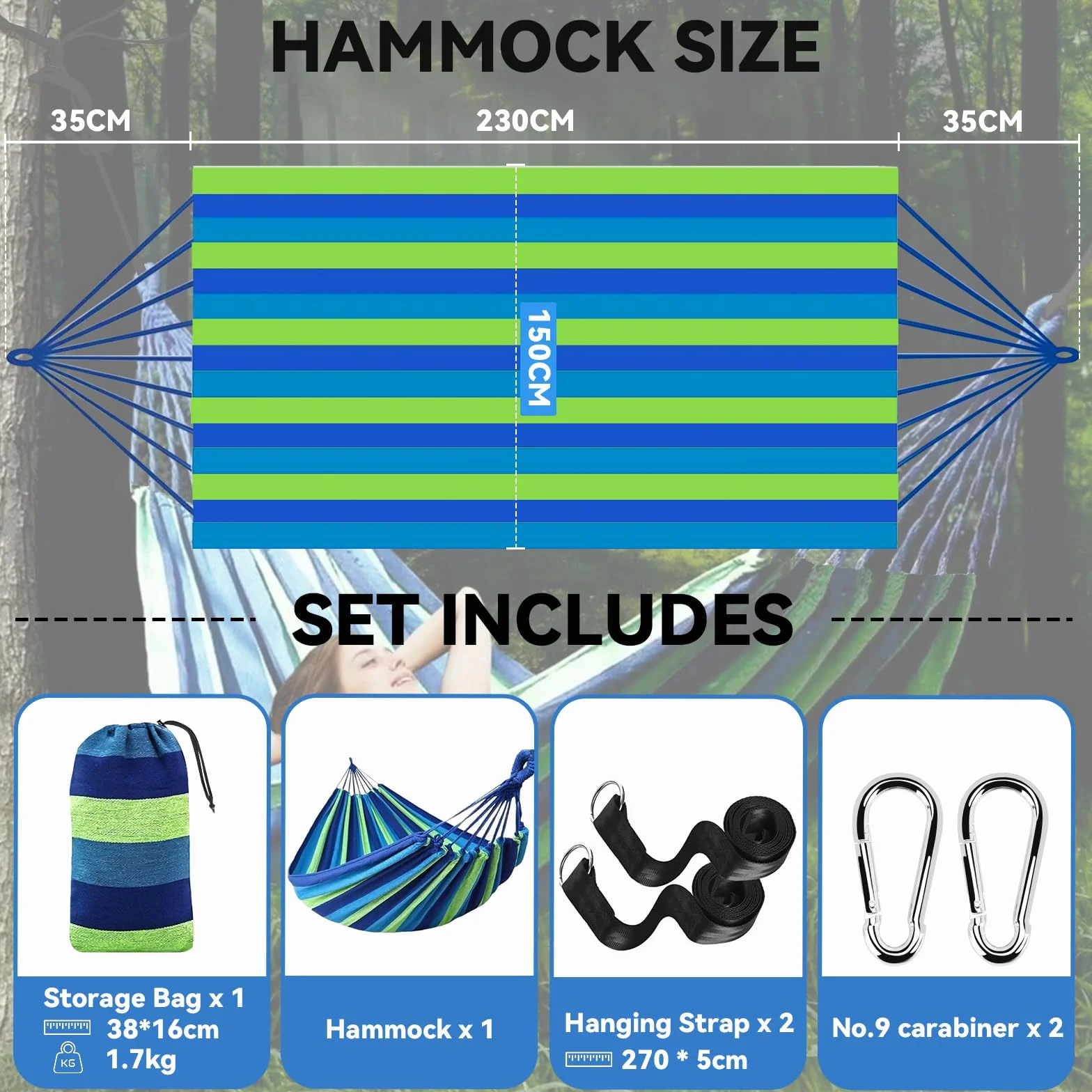 Hamac d'extérieur Camping 2 Personnes 300x150 cm 270 kg Capacité de Charge Toile Suspendu Portable Jardin Plage Balcon