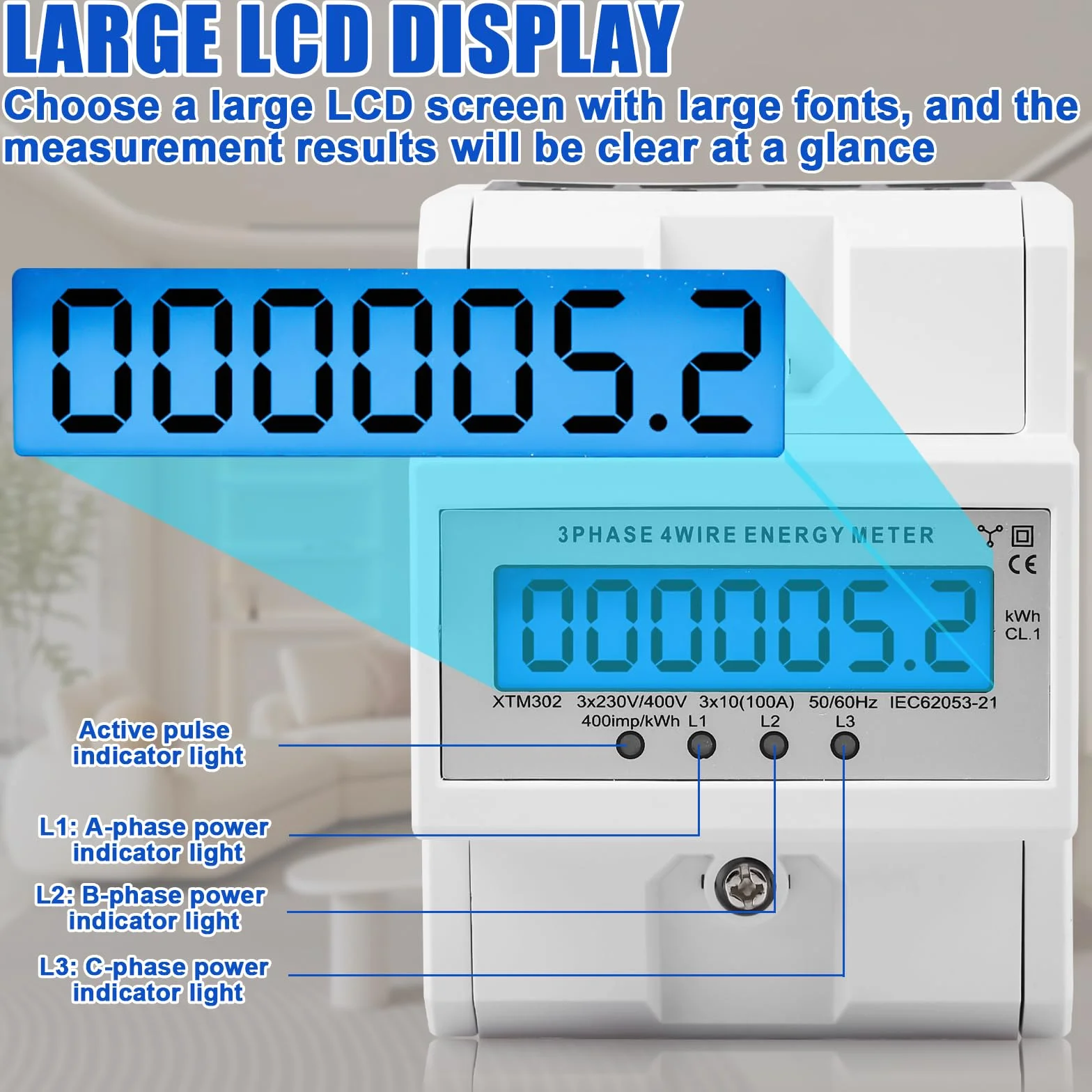 Compteur d'électricité triphasé 4 fils, compteur triphasé 230/400V 3x 5-100A, compteur d'électricité numérique LCD compteur intermédiaire courant rail DIN pour compteur intermédiaire rail DIN courant