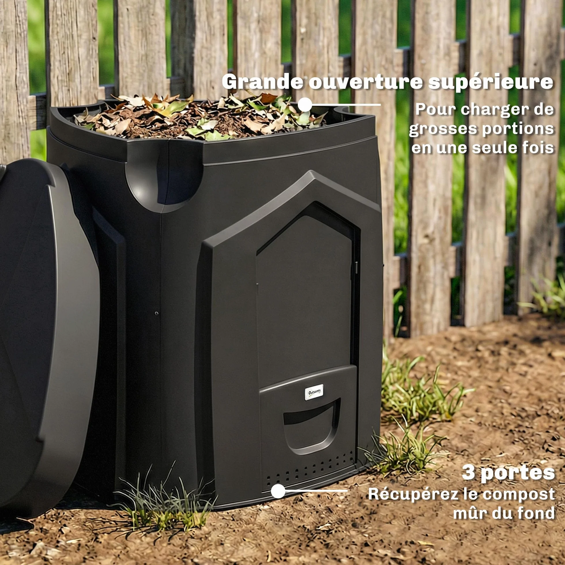 Outsunny Composteur de Jardin 240L Bac à Compost Triangulaire 78x75x78 cm Polypropylène 3 Portes Noir