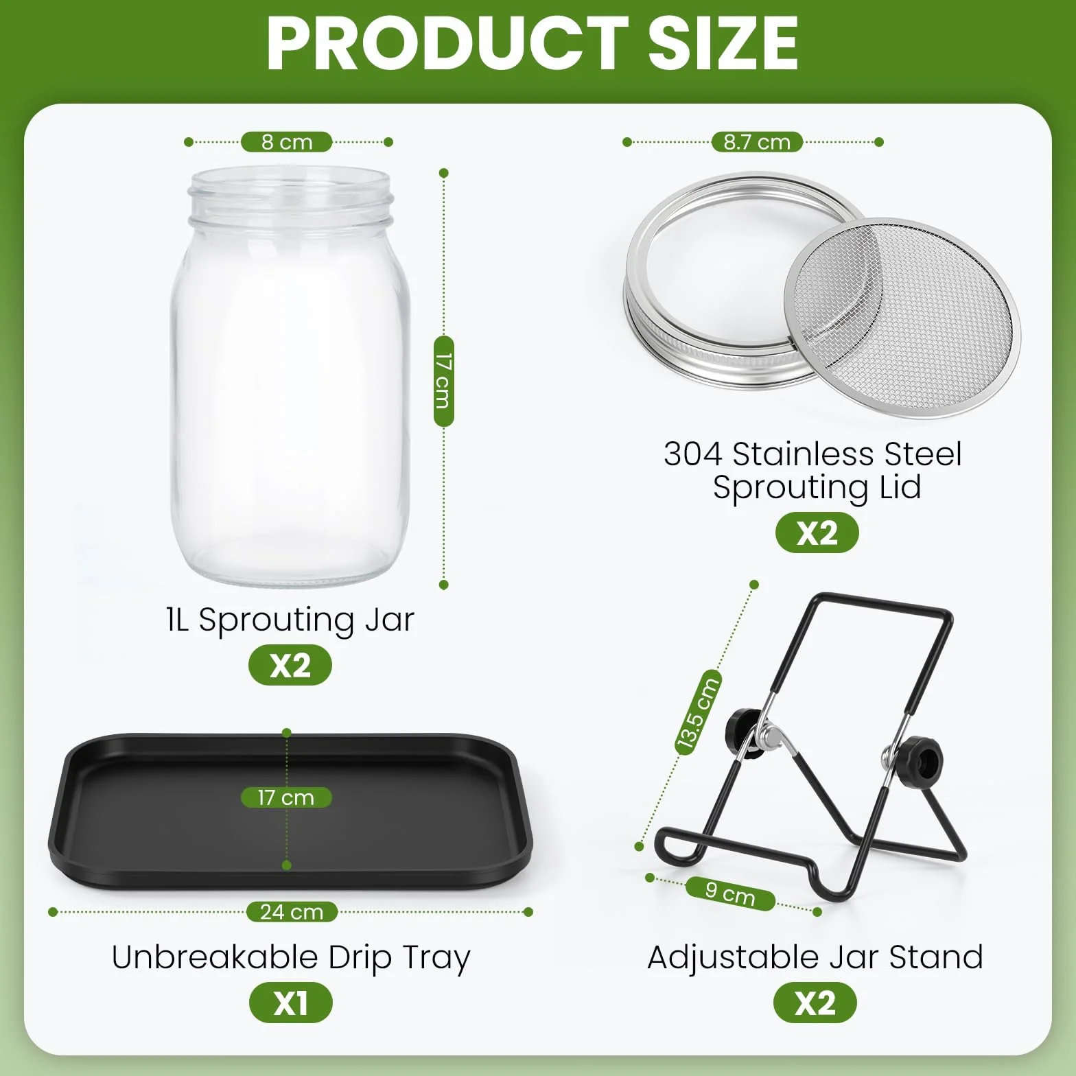Germoir pour Graines à Germer en Verre 2x1000ml Bocal de Germination avec Couvercle en Acier Inoxydable