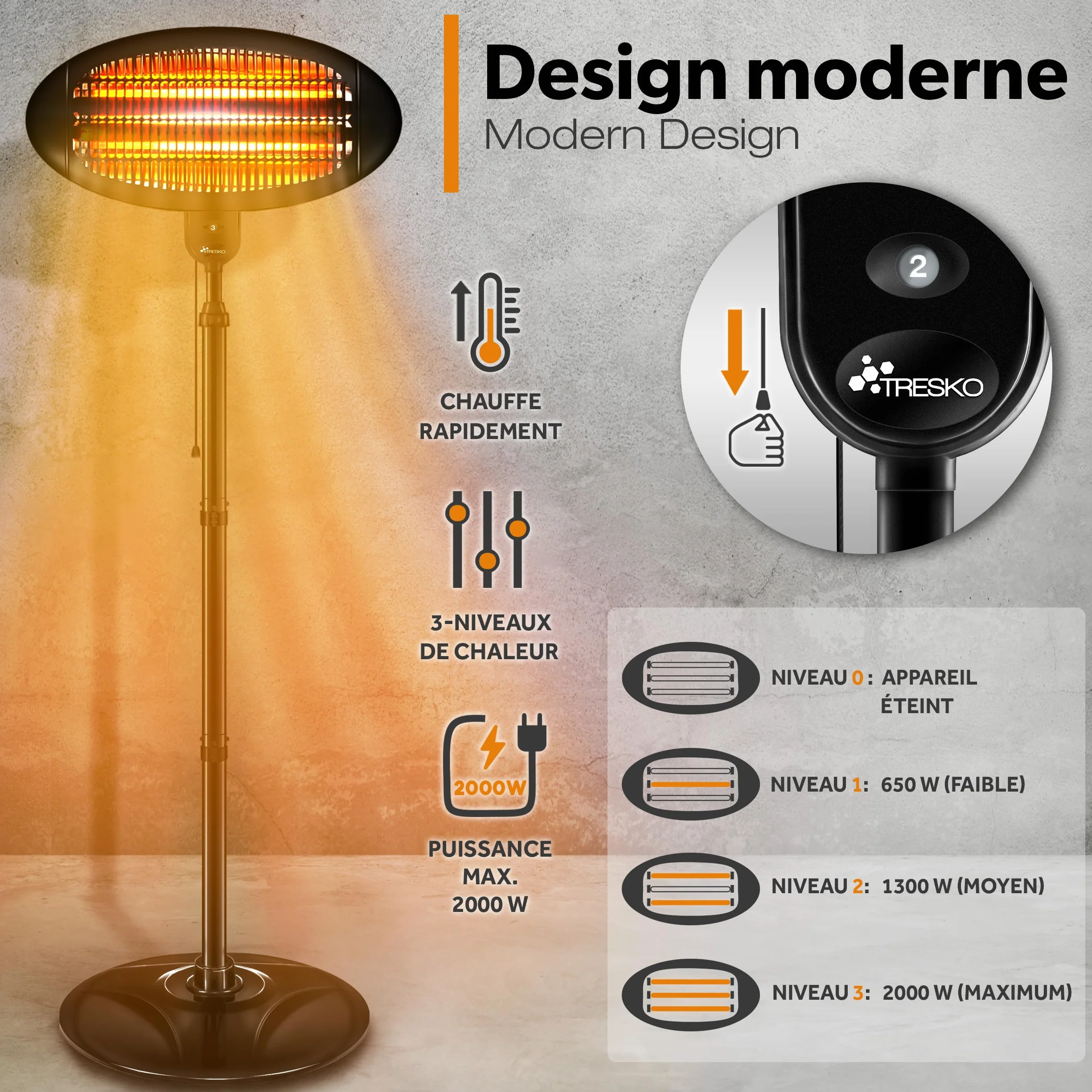 TRESKO Radiateur infrarouge sur pied 2000W Chauffage radiant électrique extérieur 3 Niveaux de Chaleur