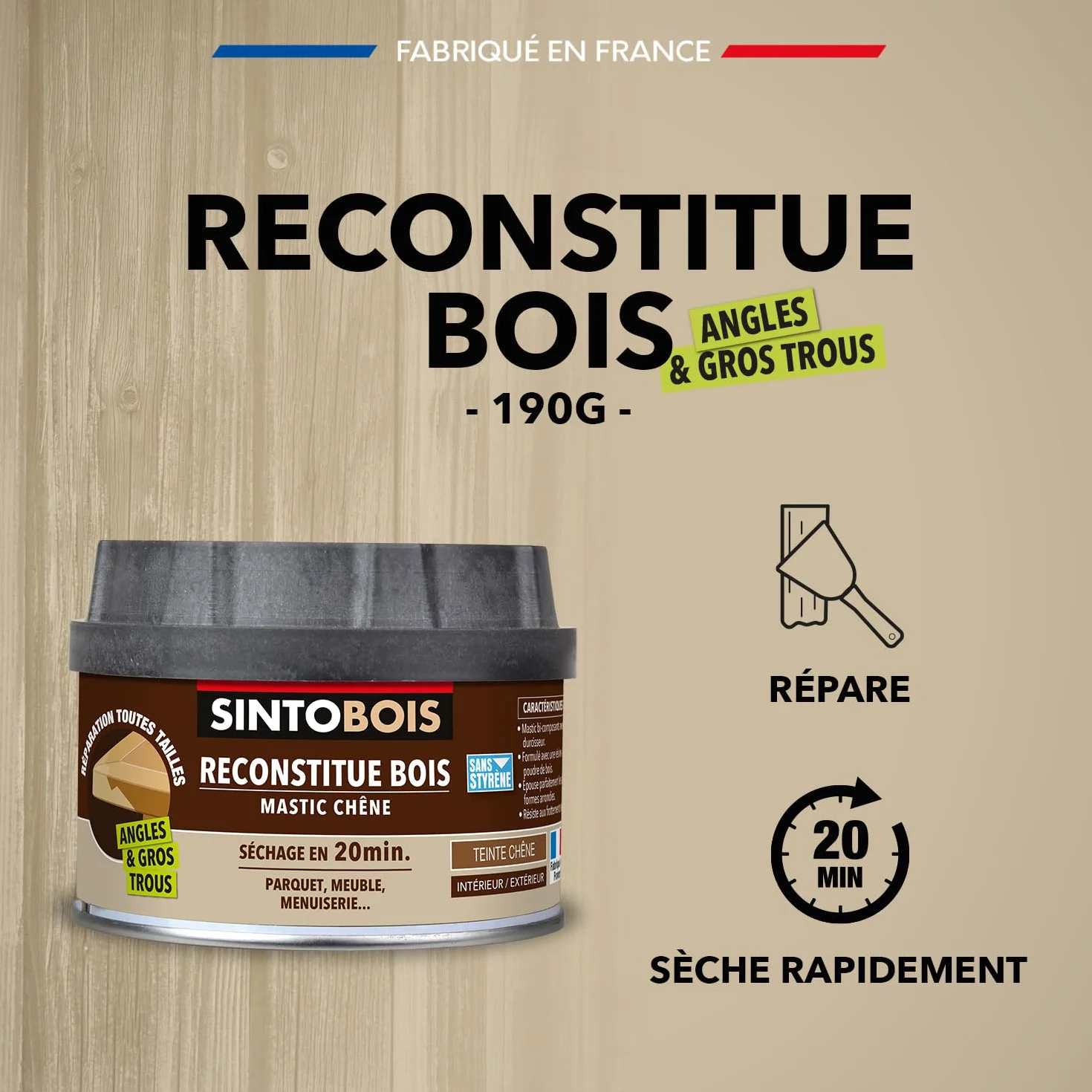 SINTO Mastic reconstitue angles et gros trous chêne 170ml, mastic bi-composant séchage en 20 min, parquets meubles menuiseries, bonne adhérence et résistance sur bois, intérieur et extérieur