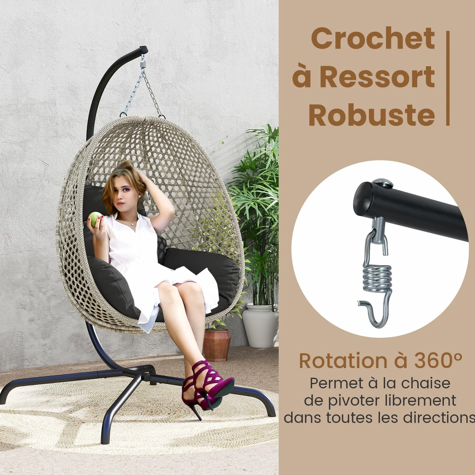 GOPLUS Support Hamac Exterieur Métal Robuste Pied Fauteuil Suspendu Forme C Crochets Ressort Charge 180 KG Jardin Balcon