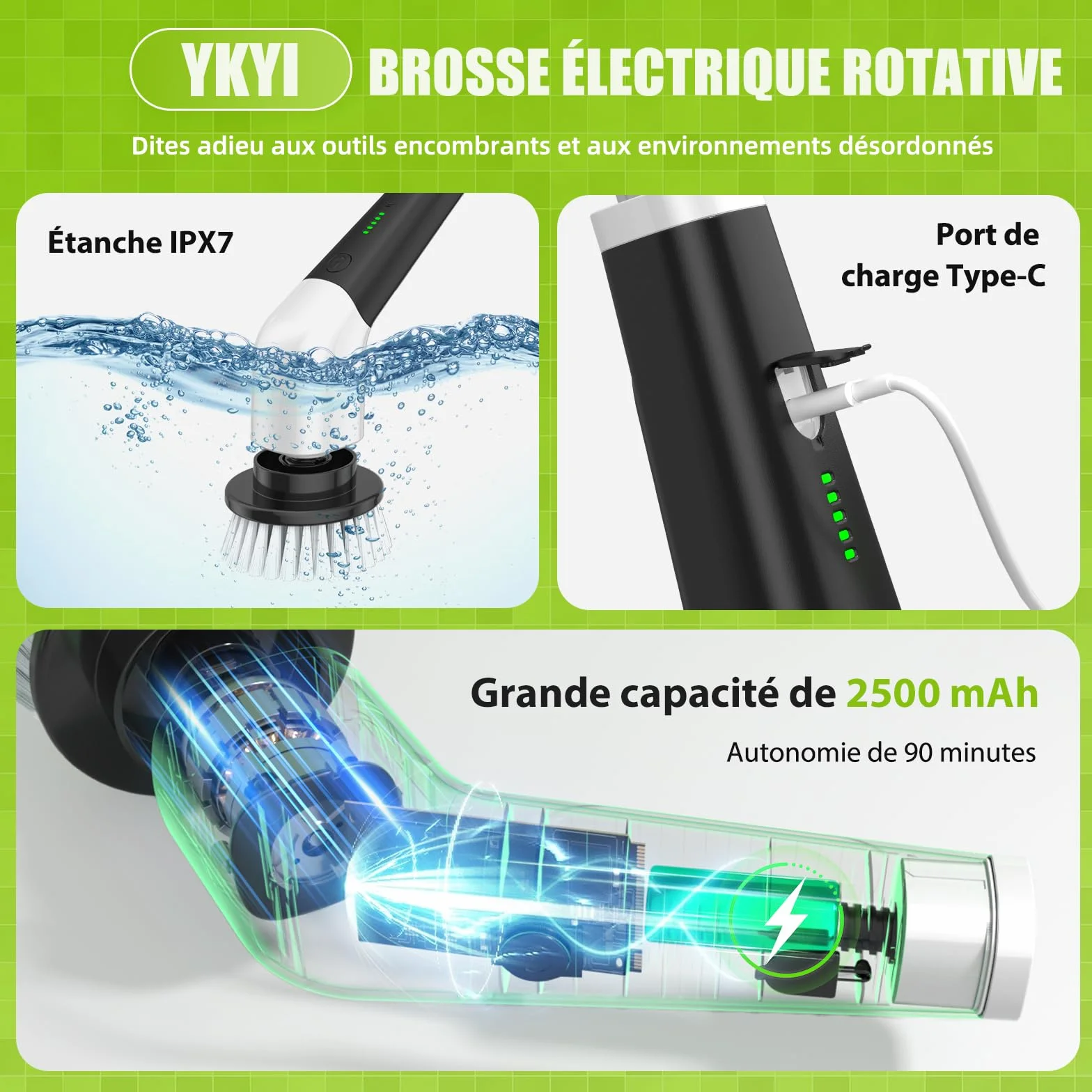 YKYI Brosse électrique Nettoyage rotative avec 8 têtes, Manche Extensible, 2 Vitesses, Batterie 2500mAh, étanche IPX7 – Brosse Nettoyage Salle de Bain et Cuisine