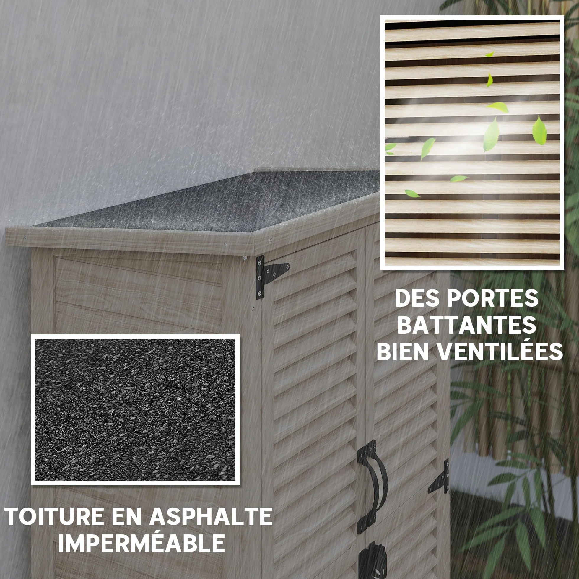 Outsunny Armoire de Jardin Bois Toit bitumé 2 étagères Portes persiennes verrouillable 75x50x118