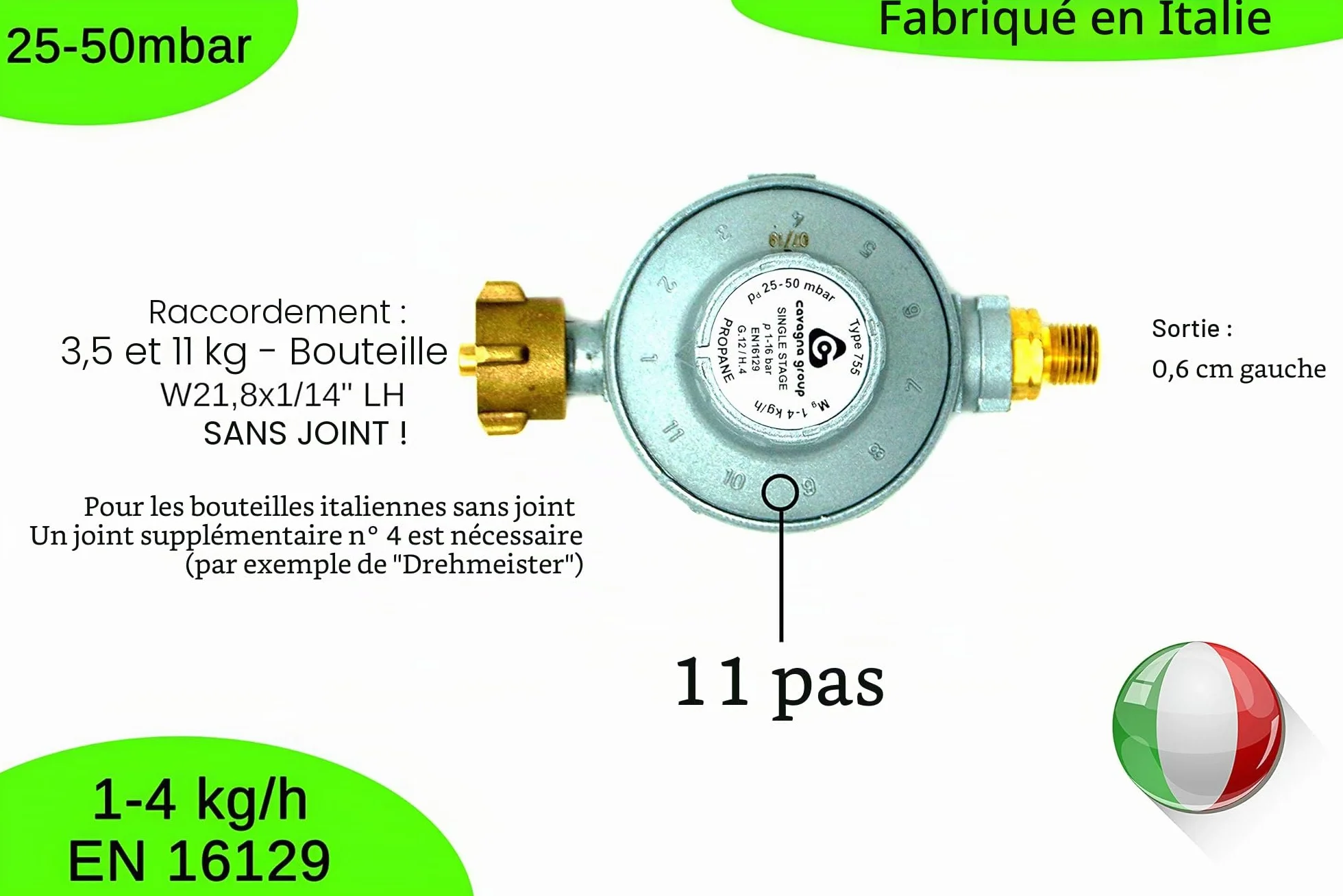 Cavagna Régulateur Basse Pression 25-50mbar réglable 11 Niveaux pour Gaz