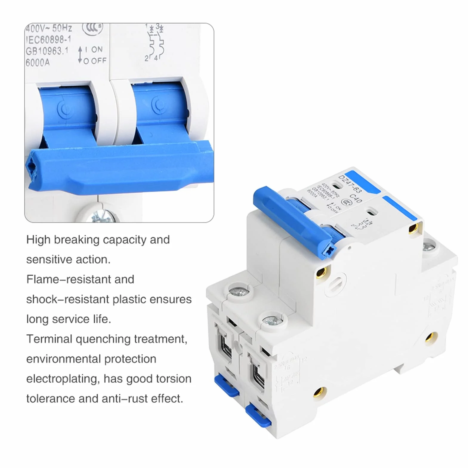 Disjoncteur Miniature AC 400V 2P Din Rail Mount Accueil Protection Contre Les Surcharges Commutateur D'air Pour Les Lignes de Distribution D'éclairage RéSidentiel Système Solaire PV(40A)