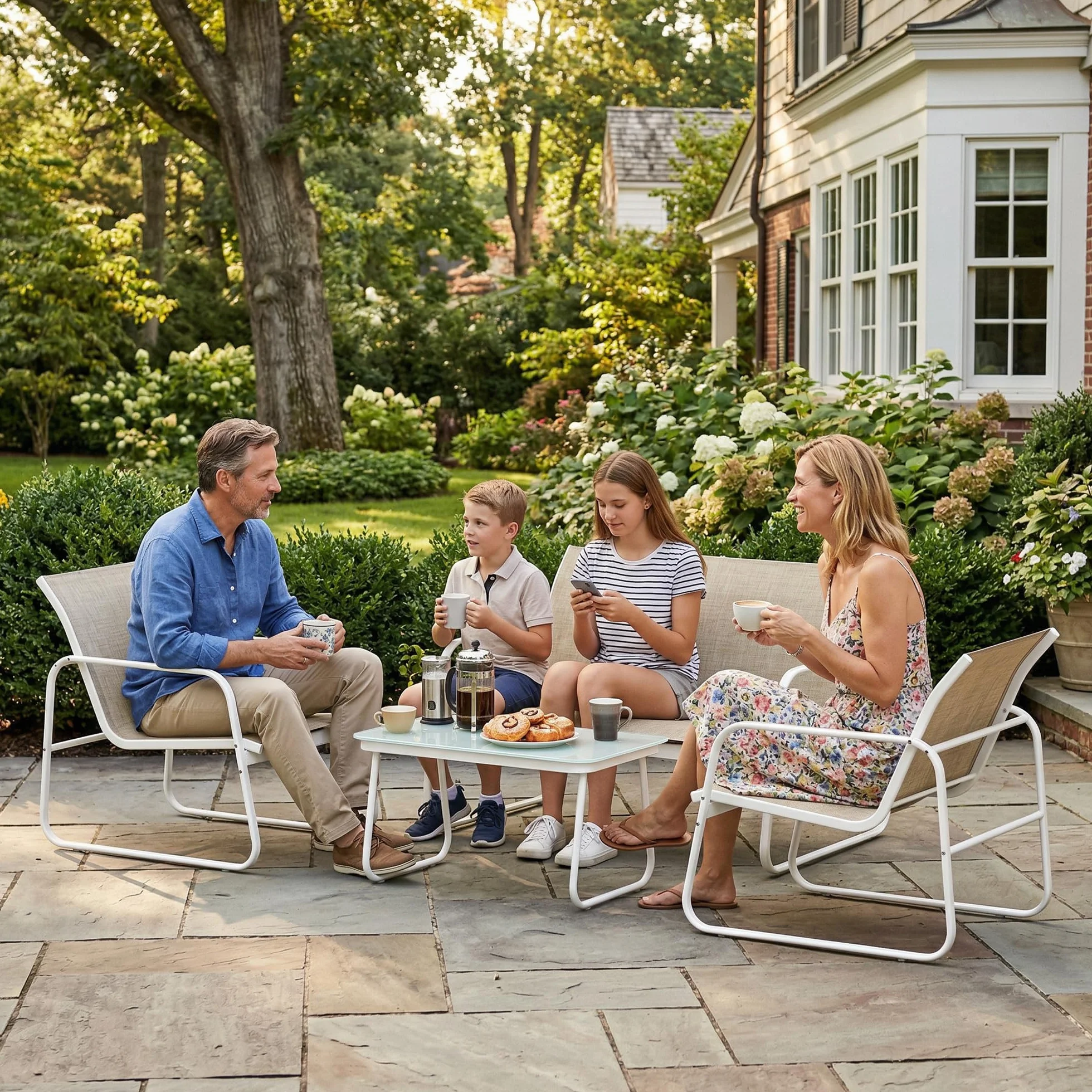 Outsunny Salon de Jardin 4 pièces avec canapé, fauteuils et table basse, Plateau en Verre trempé, Pieds réglables, Kaki et Blanc