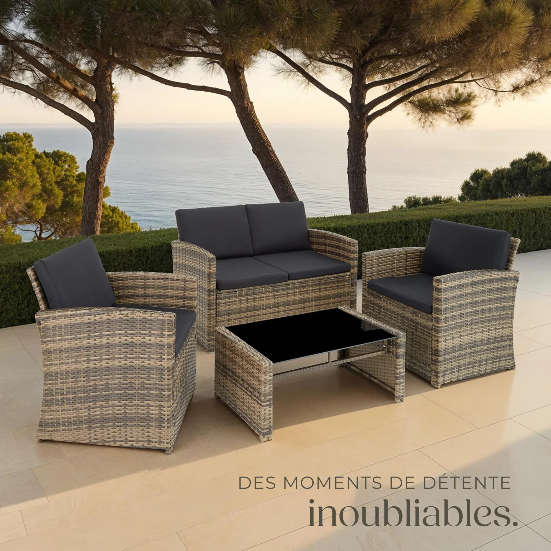 Tectake Salon de Jardin Résine tressée 4 Places Table Canapé 2 Fauteuils Coussins Inclus Marron Naturel Gris foncé
