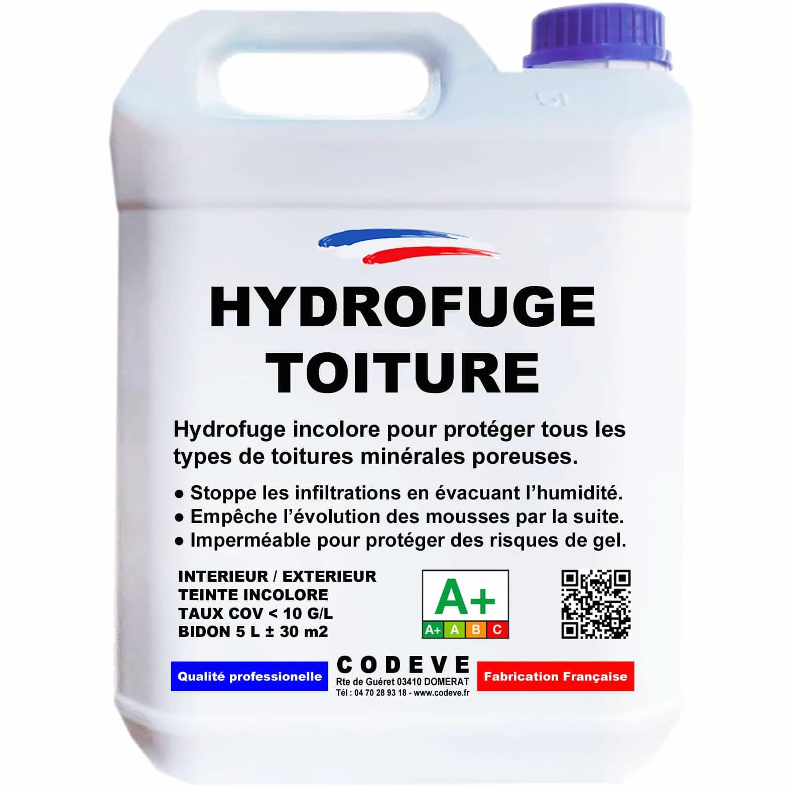 Hydrofuge Toiture - Codeve Bois - 5L - Intérieur/extérieur - Pour Toiture En Tuile, Ardoise, Terre Cuite, Béton, Fibrociment, Lauze.