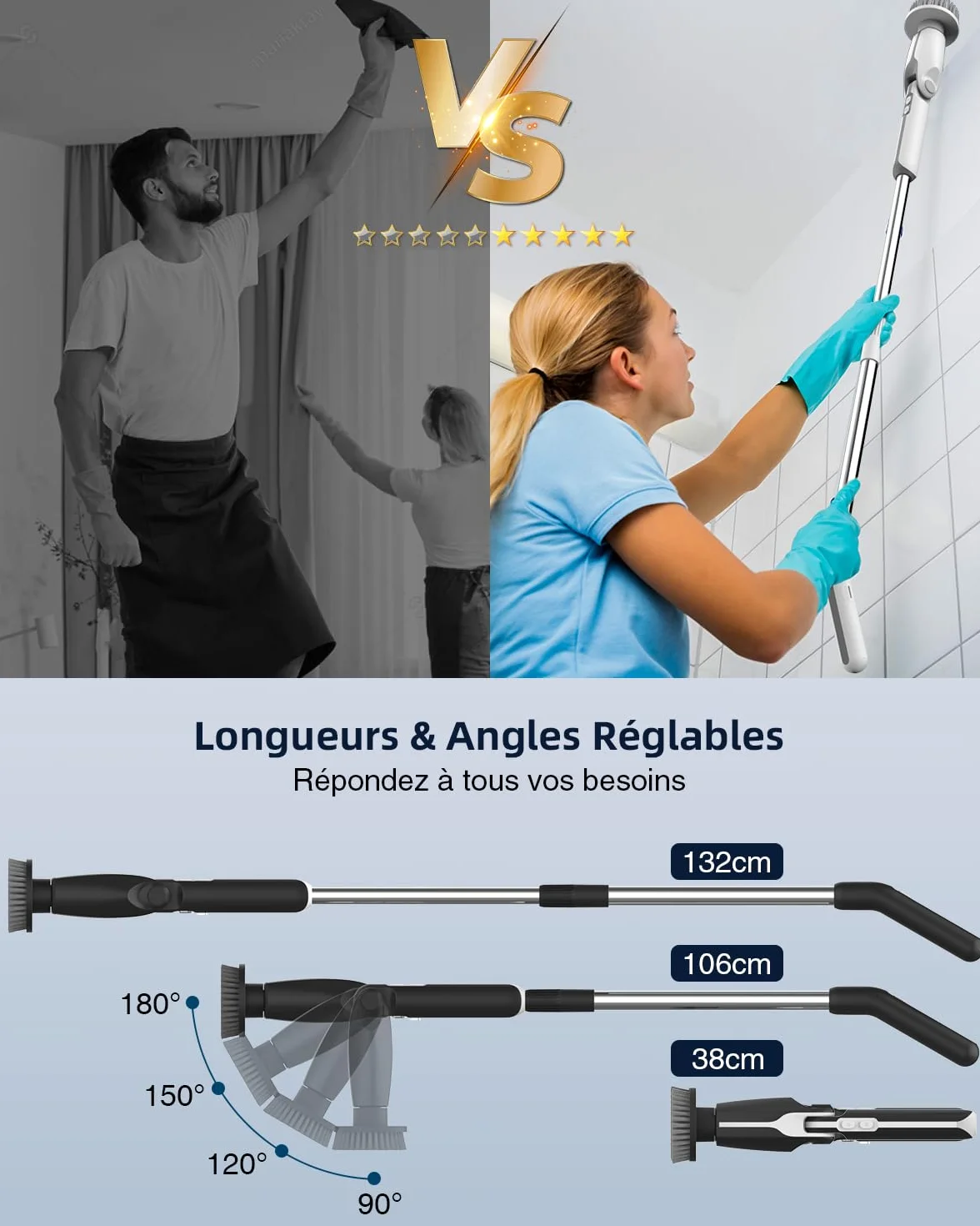 Leebein Brosse Électrique Nettoyage, 2026 Brosse Nettoyage sans Fil avec 8 Brosses Remplaçables, Télécommande, 2 Vitesses de Rotation et Longueur Réglable 38-132CM pour Salle de Bain/Cusine/Voiture