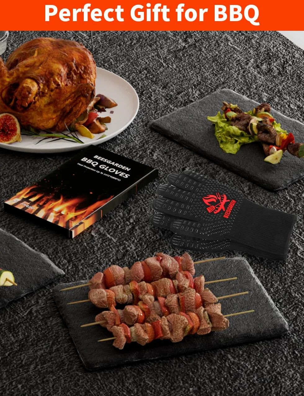 Gants de Barbecue Anti Chaleur 800°C Silicone Ignifuge Antidérapants avec Protection de l'avant-Bras Noir