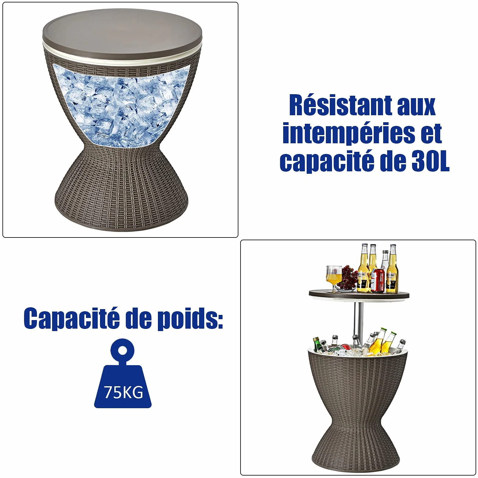 COSTWAY Table Glacière 30L 2 en 1 avec Plateau Relevable, Seau à Glace Imitation Rotin, Ø 43 x 57,5/82 cm Brun