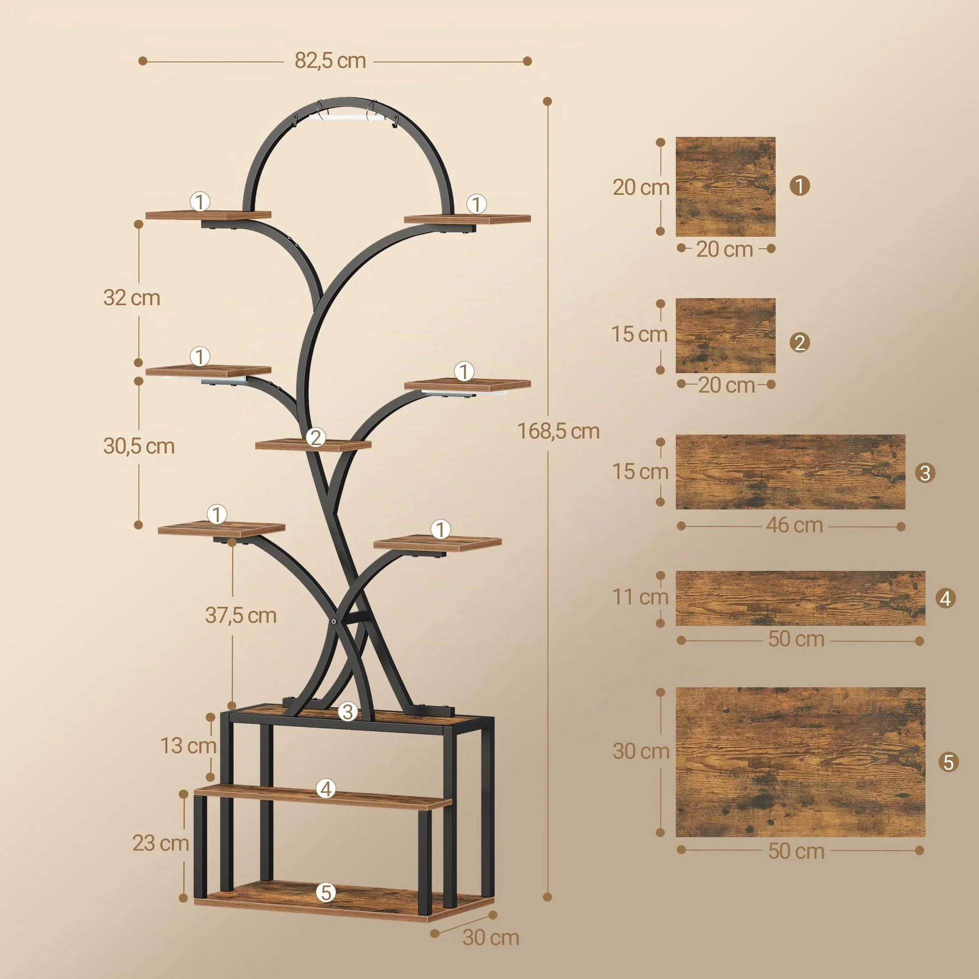 Étagère à Plantes avec Lampe LED 10 Niveaux Bois 168 cm Noir