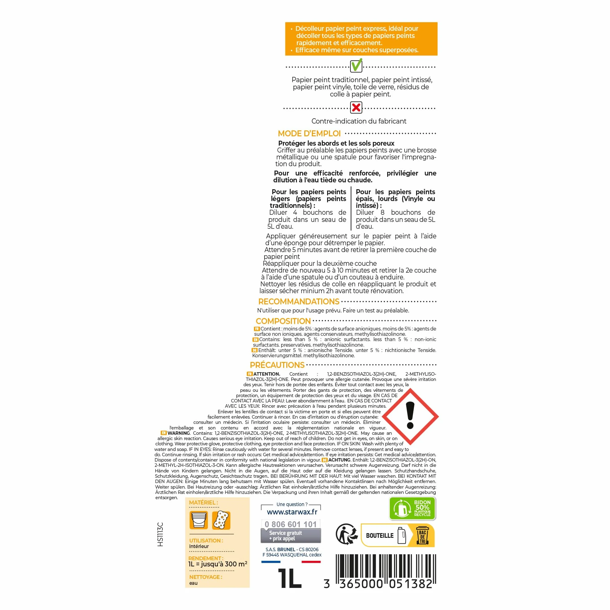 STARWAX Décolleur Express papier peint 1L, décolle tous types de papier peint et supprime les résidus de colle, efficace dès 5 minutes, fonctionne sur papier peint sec ou ancien